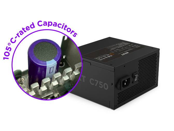 A close-up of a 105°C-rated capacitor inside a power supply, shown in a circular frame beside the NZXT C750 Bronze Power Supply, featuring visible vents and the power switch.