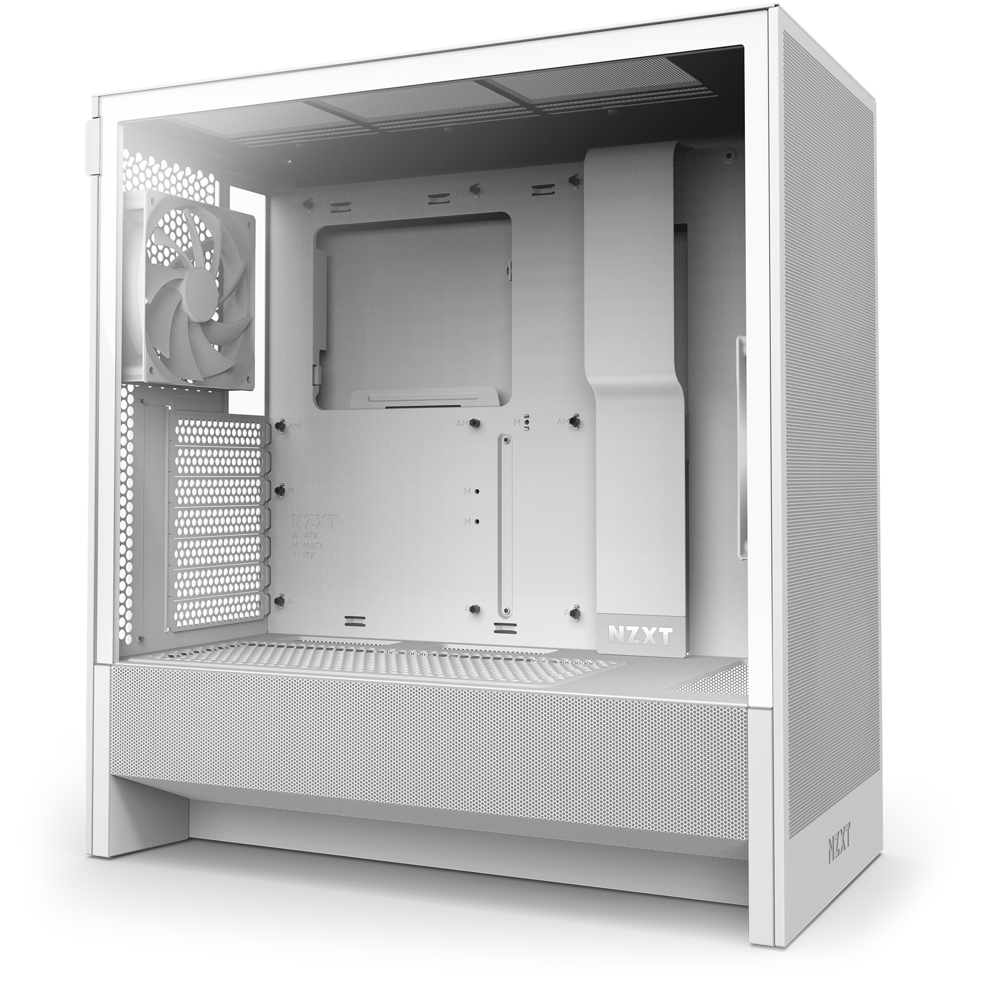 The Refurbished Custom Build - #8692 by NZXT is a white case with a transparent side panel, visible fan, cable management features, branding, and an empty interior ideal for custom refurbished builds.