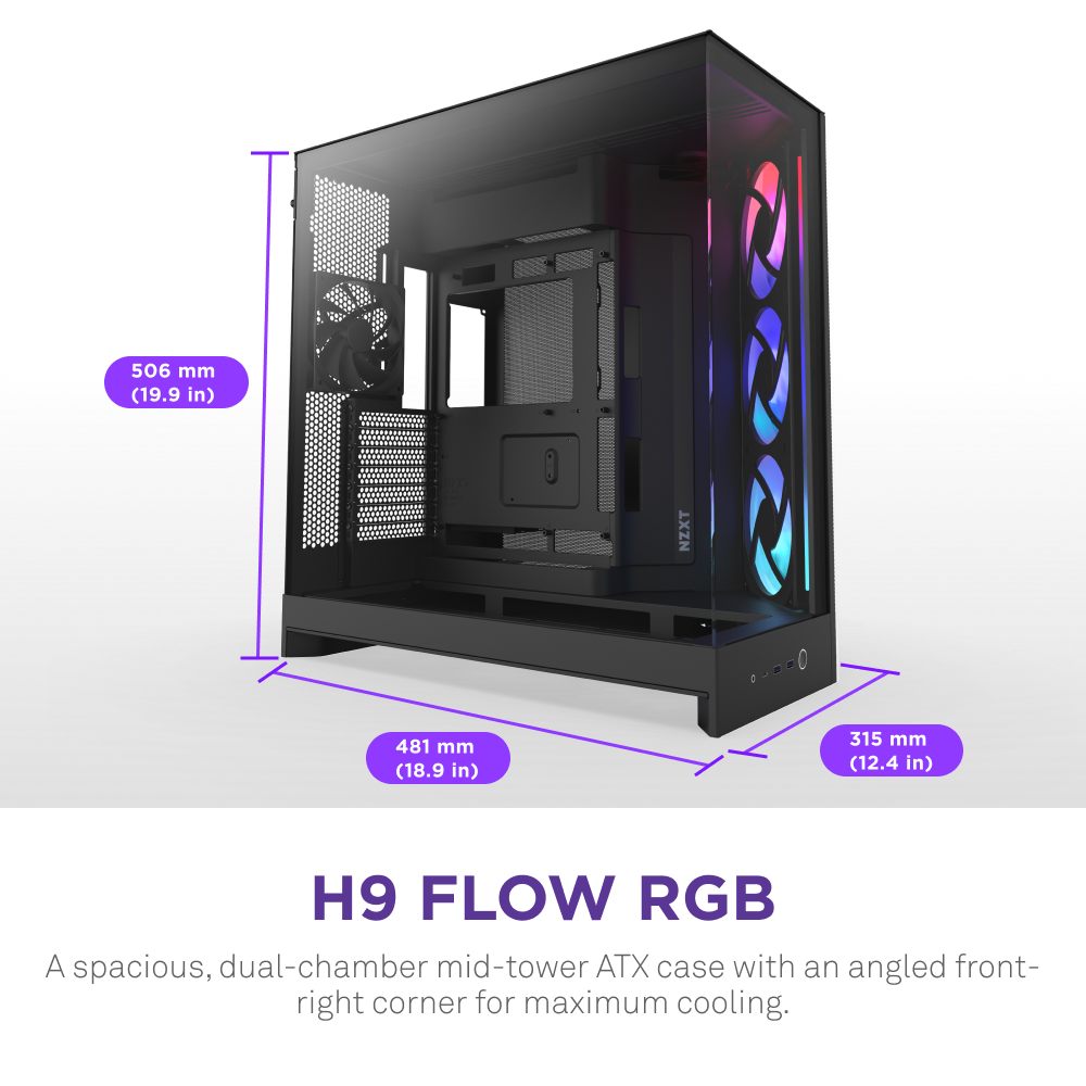 The NZXT H9 Flow RGB is a black mid-tower ATX case with a dual-chamber design, RGB fans, and an angled front-right corner. It measures 506 mm (H) x 481 mm (L) x 315 mm (W) for optimized airflow and style.