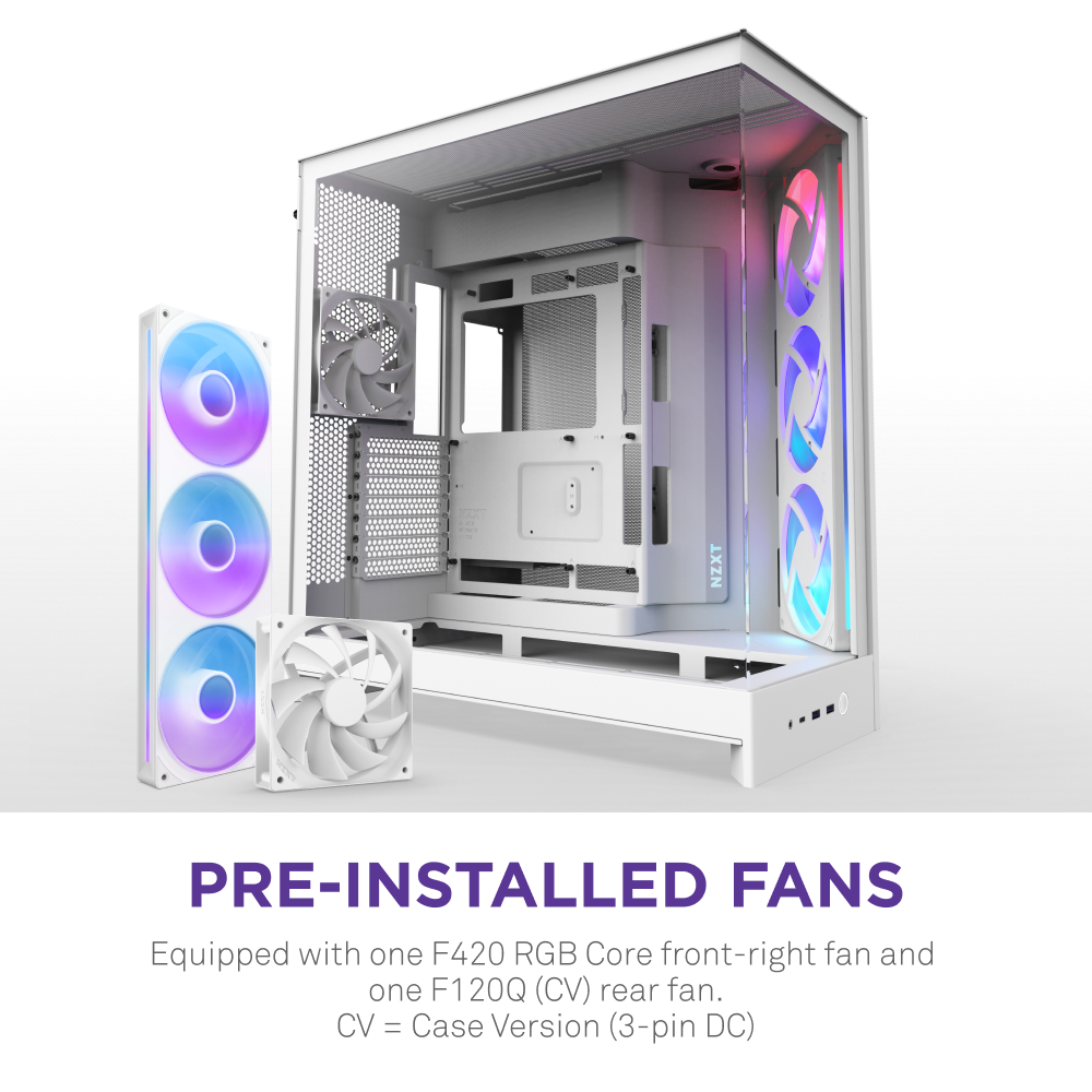The NZXT H9 Flow RGB is a white mid-tower ATX case with three front-panel RGB fans and one white fan, featuring pre-installed F420 and F120Q (CV) fans for optimized airflow.