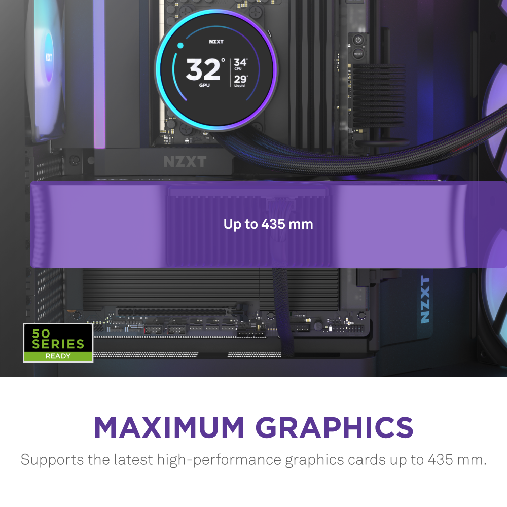A close-up of the NZXT H9 Flow RGB mid-tower ATX case interior shows a graphics card slot highlighted with “Up to 435 mm.” Text below reads, “NZXT H9 Flow RGB supports high-performance graphics cards up to 435 mm.”.