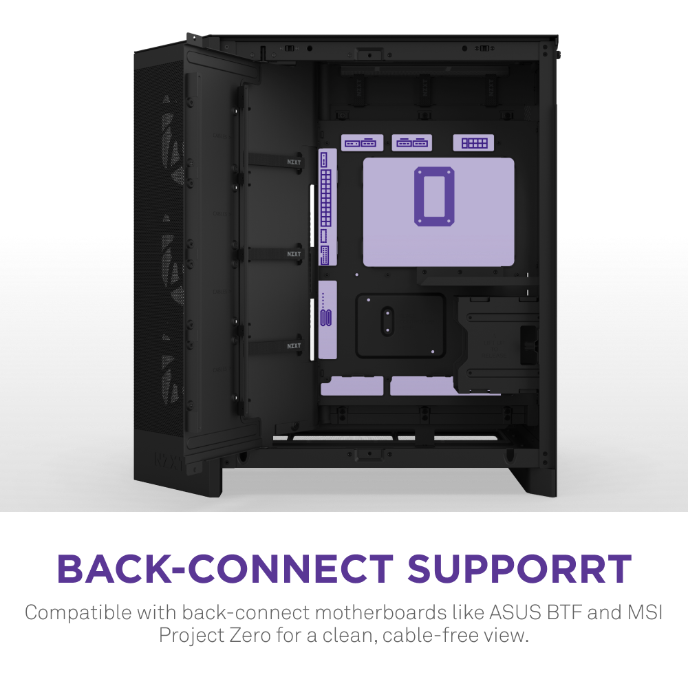 The NZXT H9 Flow RGB is a black mid-tower ATX case with purple highlights, featuring back-connect support for ASUS BTF and MSI Project Zero motherboards. Optimized airflow. Text: Back-connect Support.