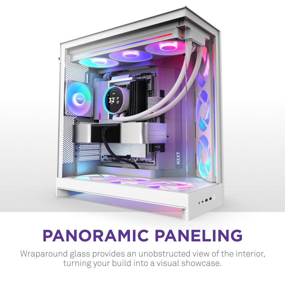 The NZXT H9 Flow RGB is a white mid-tower ATX case with RGB lighting and wraparound glass panels, showcasing fans, GPU, and cooling system. PANORAMIC PANELING. Its dual-chamber design offers optimized airflow and a clear view of your build.