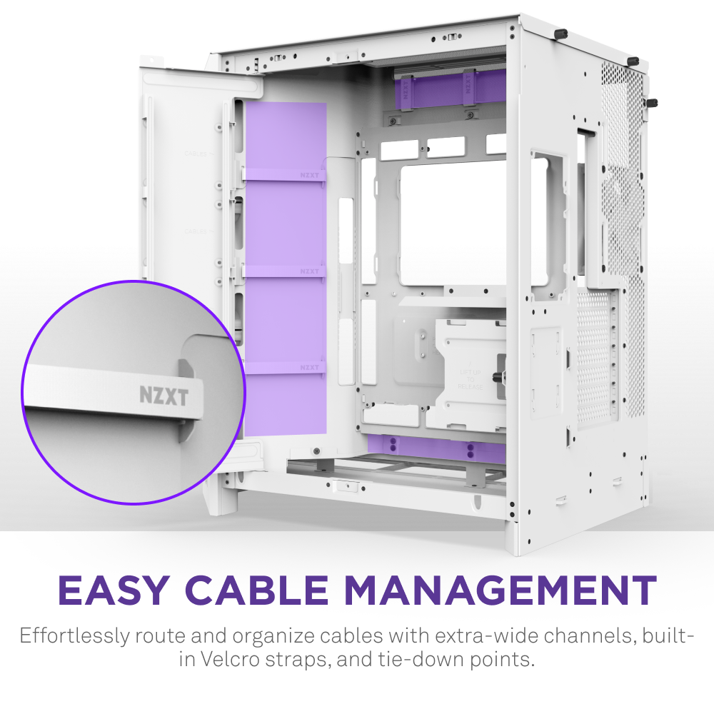 The NZXT H9 Flow RGB is a white mid-tower ATX case featuring purple-highlighted cable management channels, Velcro straps, and tie-down points for easy cable management—effortlessly route and organize your cables.