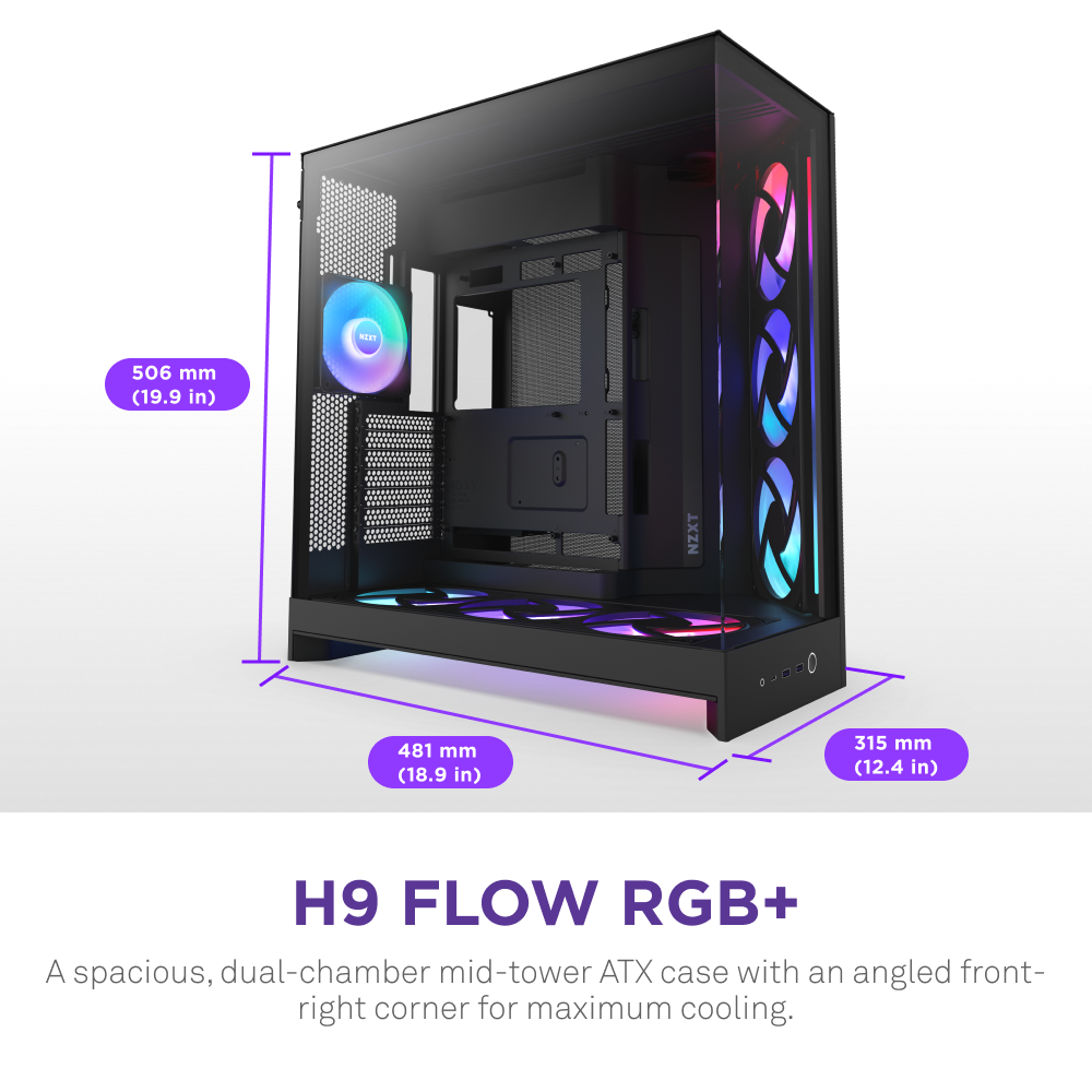 The NZXT H9 Flow RGB+ is a spacious ATX case with optimized airflow, RGB fans, an angled front-right corner, and a dual-chamber design for cooling. Dimensions: 506 x 315 x 481 mm (H x W x D).