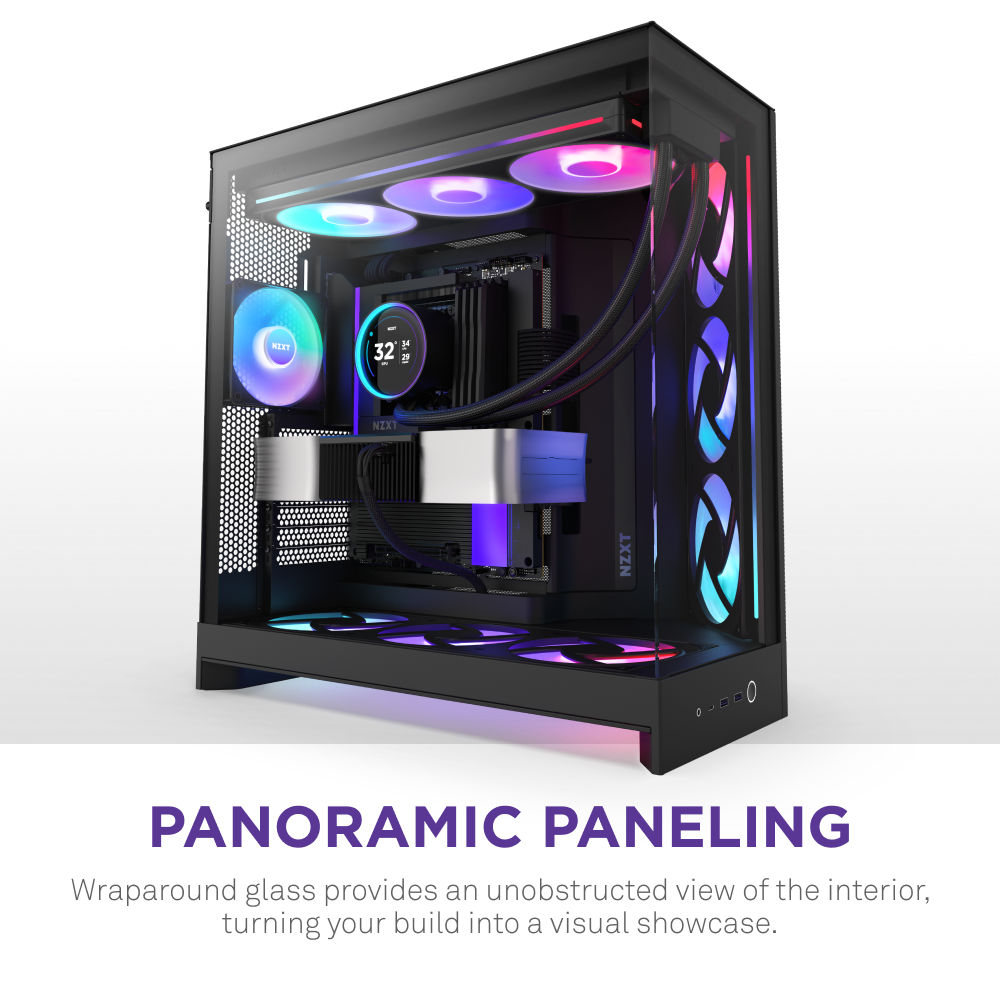 The NZXT H9 Flow RGB+ features a dual-chamber design and wraparound tempered glass panels, delivering optimized airflow and a panoramic view of your gaming PC’s RGB-lit internal components.