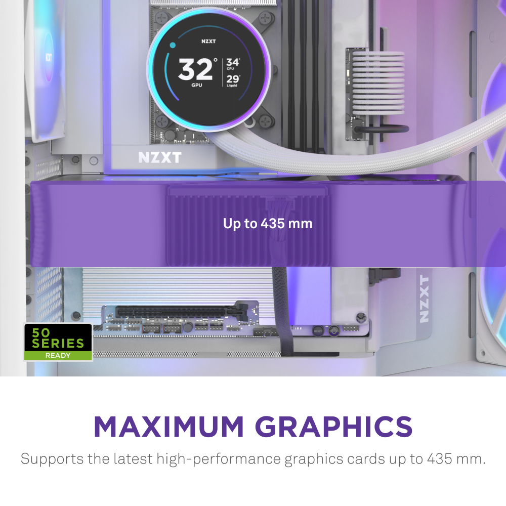 The NZXT H9 Flow RGB+ computer case features a dual-chamber design and supports high-performance graphics cards up to 435 mm in length.