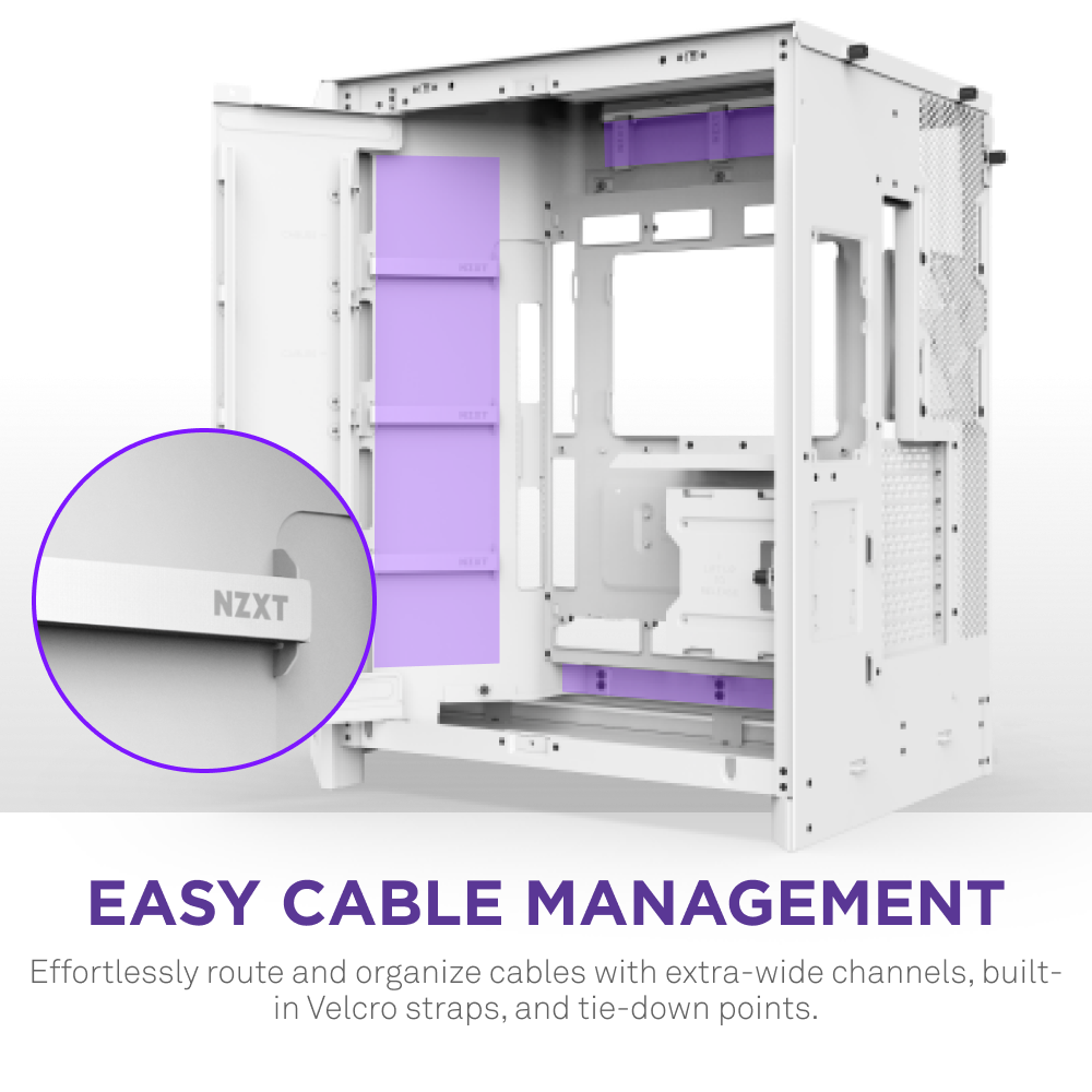 The NZXT H9 Flow RGB+ is a white computer case featuring purple-accented cable channels, Velcro straps, and tie-down points for easy cable management and optimized airflow.
