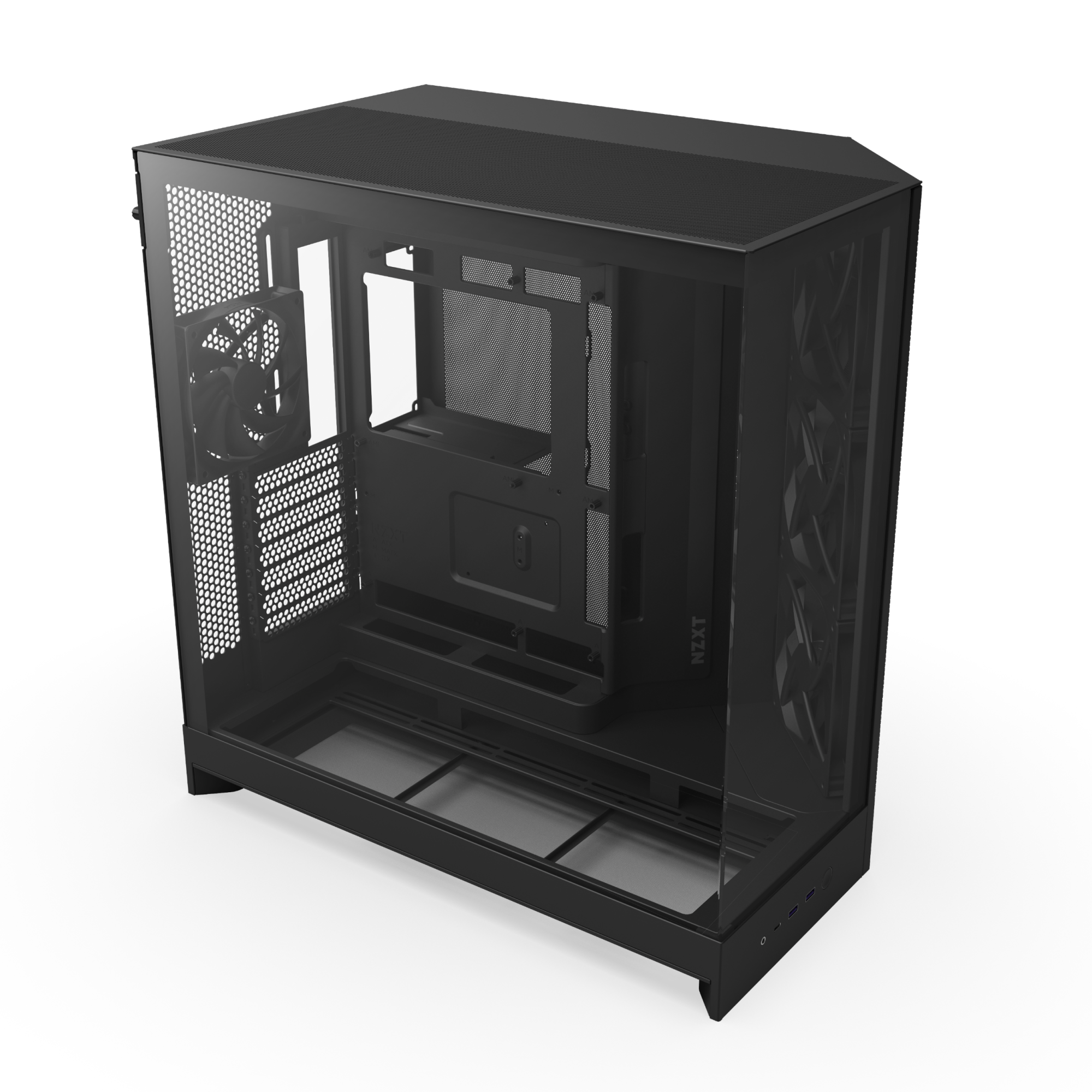 The NZXT Refurbished Player PC 4090 Edition (#8484) is a black case with transparent sides, rear cooling fan, cable management, and open slots—perfect for gaming PC builds or upgrades—with warranty available.