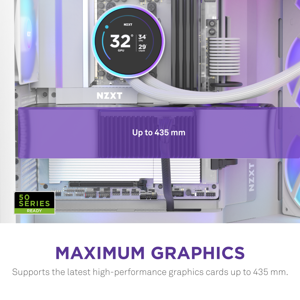 A close-up of the NZXT H9 Flow RGB mid-tower ATX case interior with cooling tubes and a display showing “32°C.” Text reads: “Up to 435 mm.” Below: “Optimized airflow supports high-performance graphics cards up to 435 mm.”.