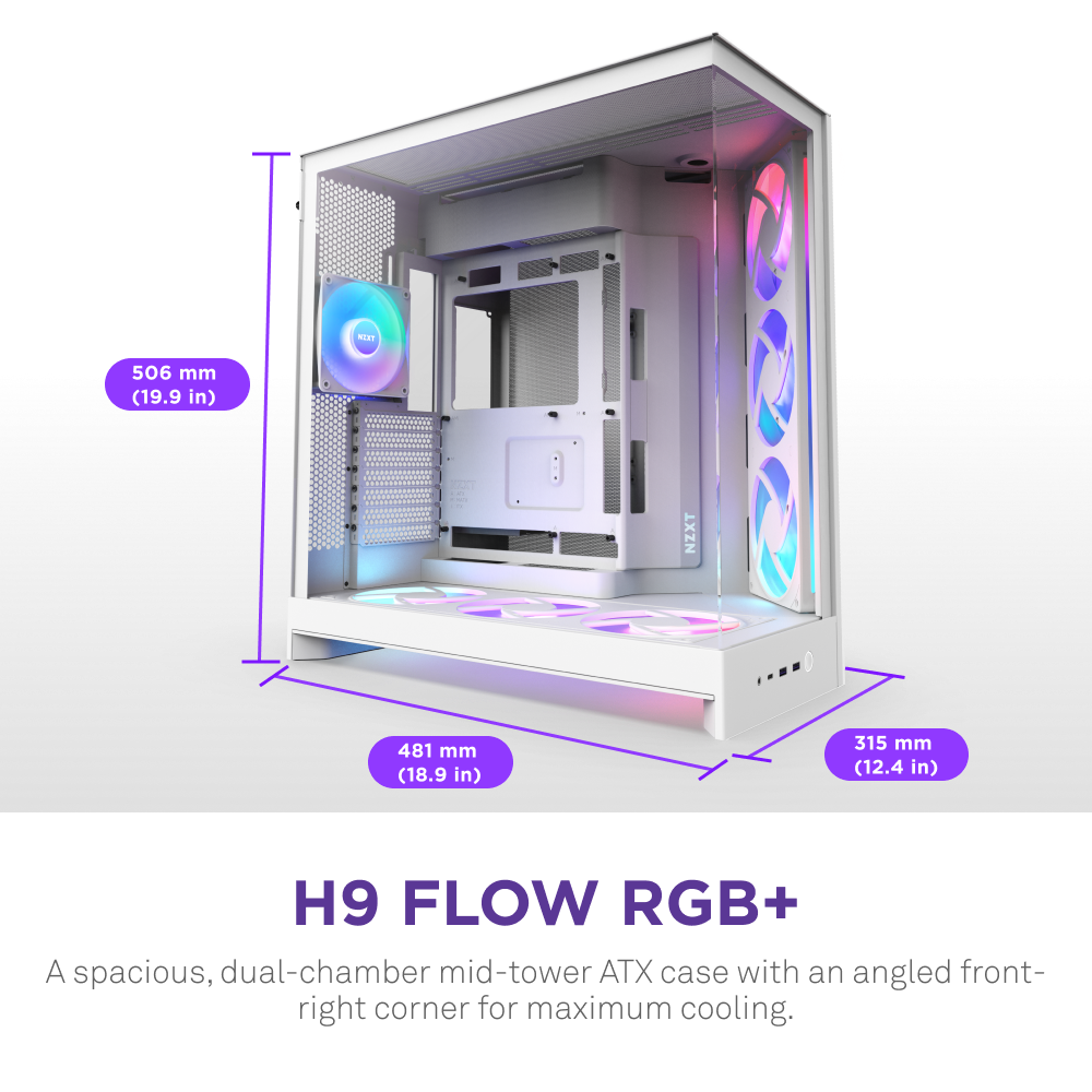 The NZXT H9 Flow RGB is a spacious white mid-tower ATX case with a dual-chamber design, RGB fans, clear panels, an angled corner for optimized airflow, and measures 506x481x315 mm.