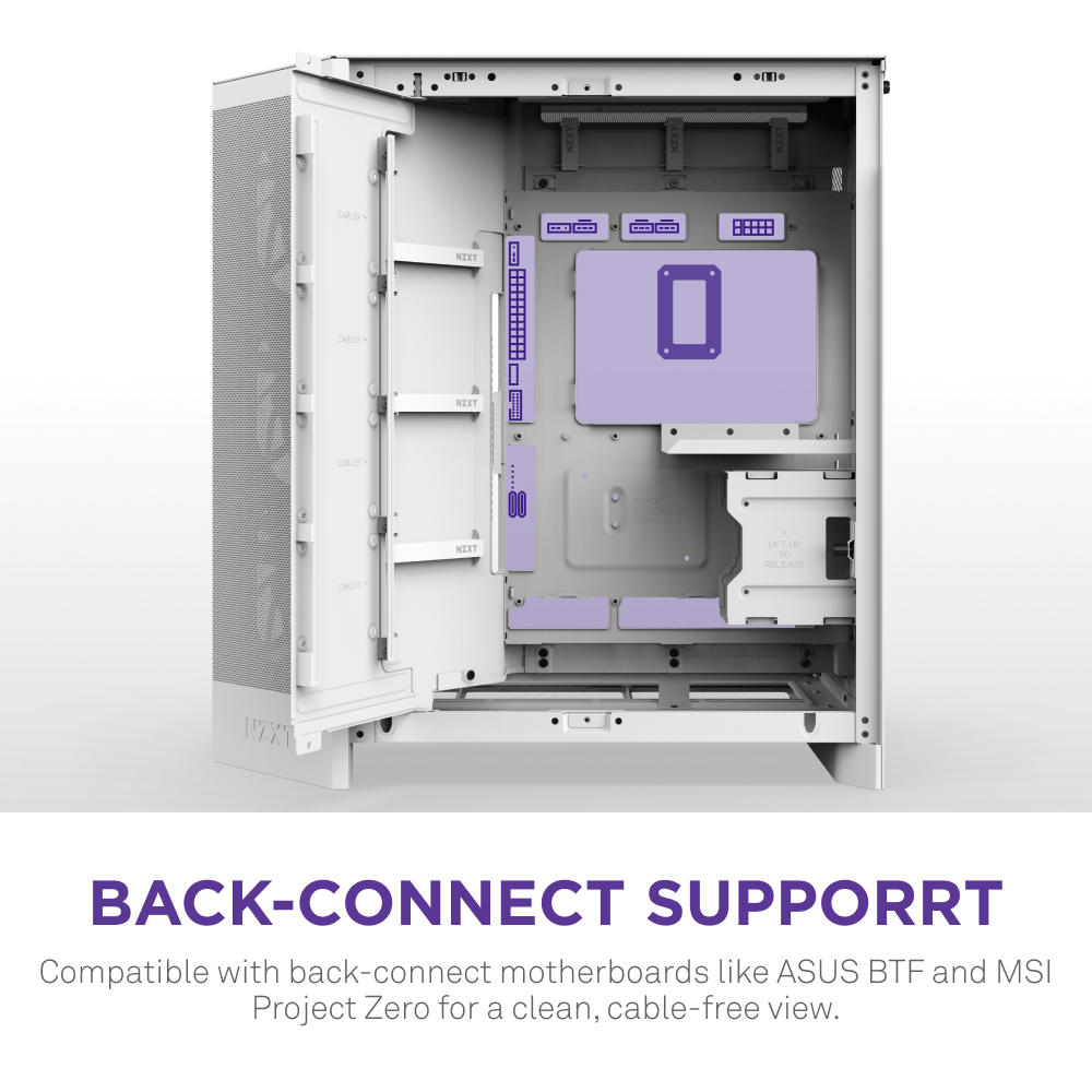 A white NZXT H9 Flow RGB+ PC case shown with its side door open, revealing an interior optimized for back-connect motherboards. Purple highlights mark mounting areas and airflow in the dual-chamber design. Text: Back-Connect Support.