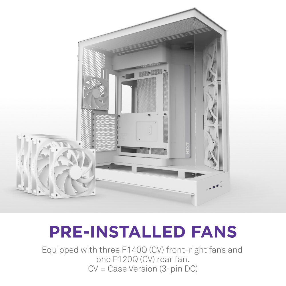 The NZXT H9 Flow is a white ATX case with three pre-installed front fans, one rear fan, optimized airflow, and includes F140Q and F120Q three-pin DC fans. Three additional fans are placed outside the case.