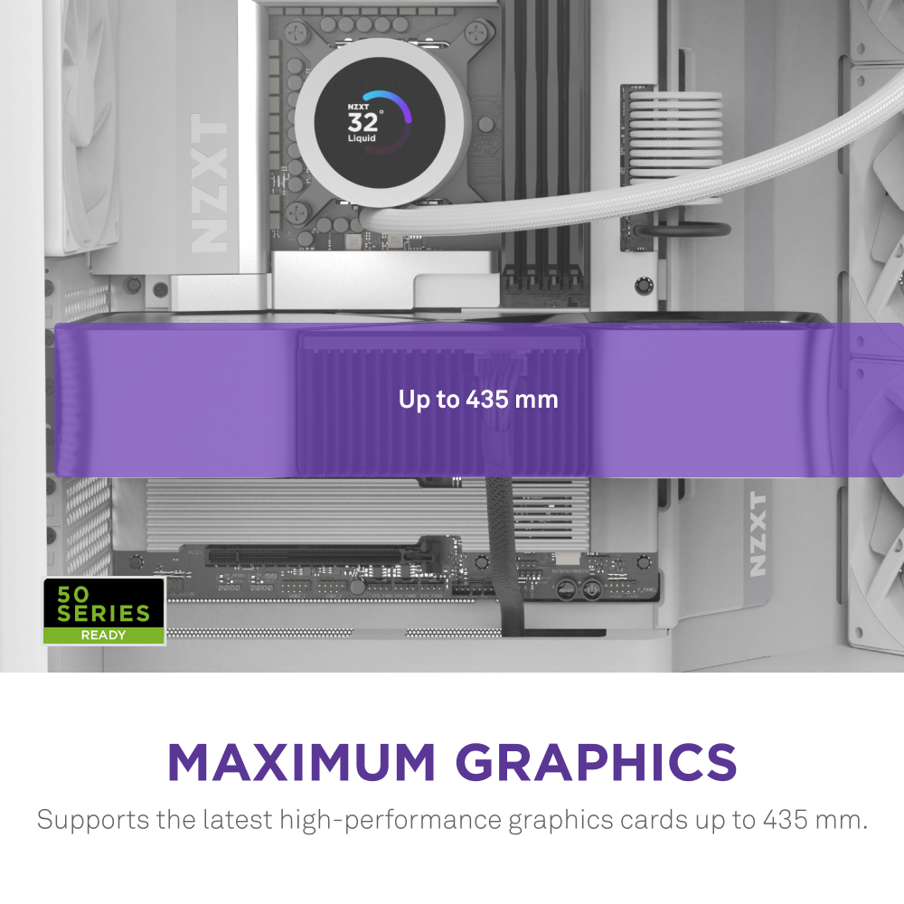 The NZXT H9 Flow case features a spacious interior highlighted in purple, supporting high-performance GPUs up to 435mm for maximum graphics and optimized airflow.
