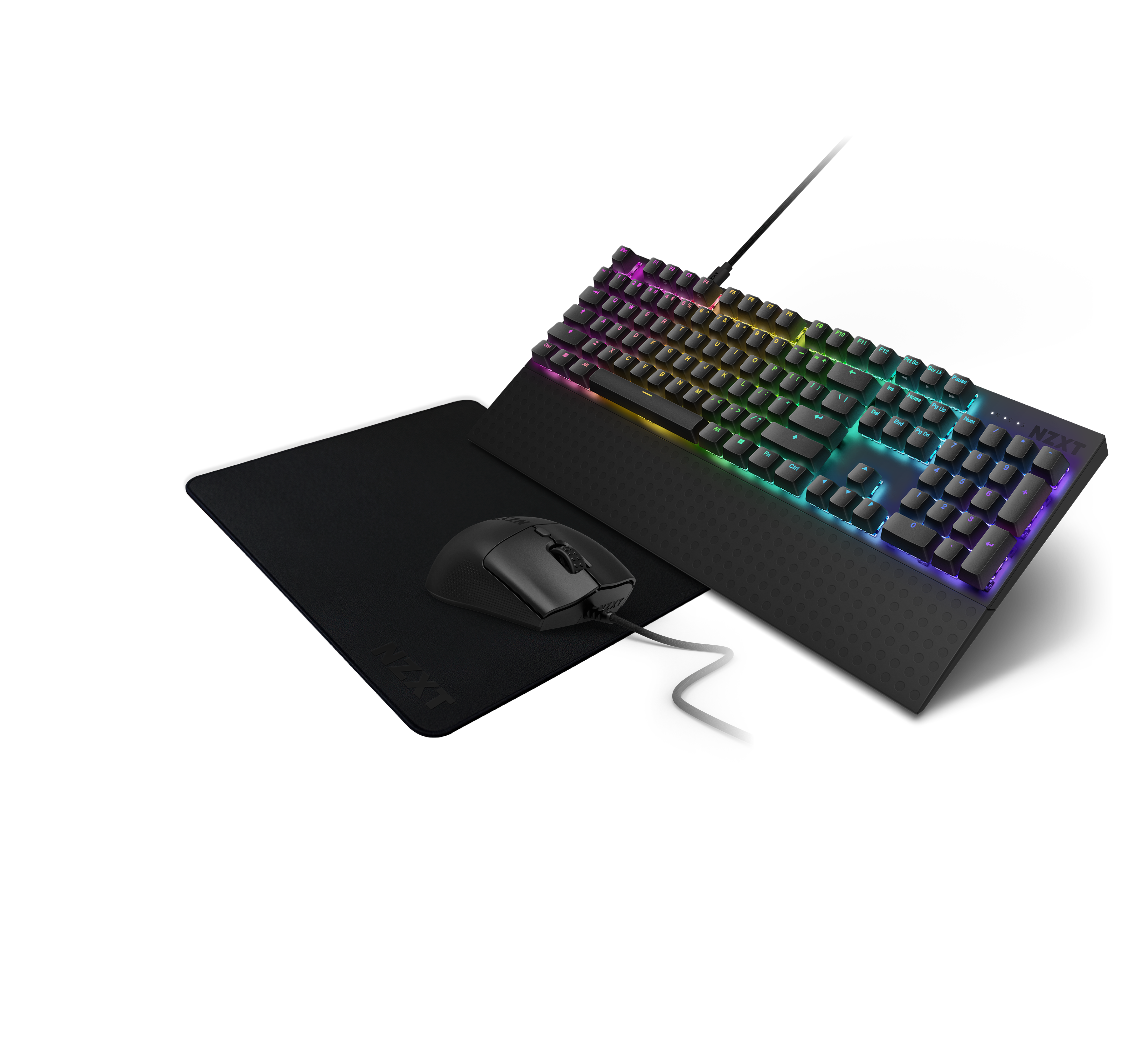 The NZXT Function 2 + Lift 2 Ergo+ MMP400 set, featuring a black keyboard with Swift Optical Switches and a wired mouse on a large black pad, is arranged diagonally against a plain black background with vibrant RGB lighting.