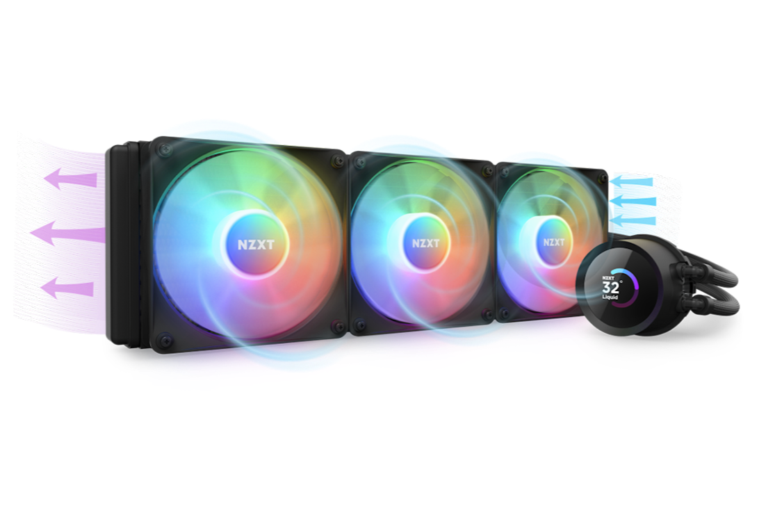 A computer liquid cooling system with three RGB-lit fans, a radiator, and a circular CPU water block displaying a digital temperature readout of 32 degrees.