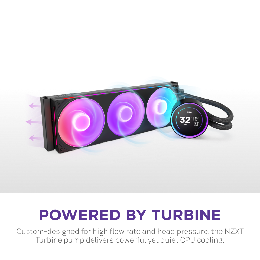 The NZXT Kraken Elite 420 RGB is a triple-fan liquid CPU cooler featuring an RGB screen with a circular digital temperature display, delivering high flow rate, strong head pressure, and quiet performance.