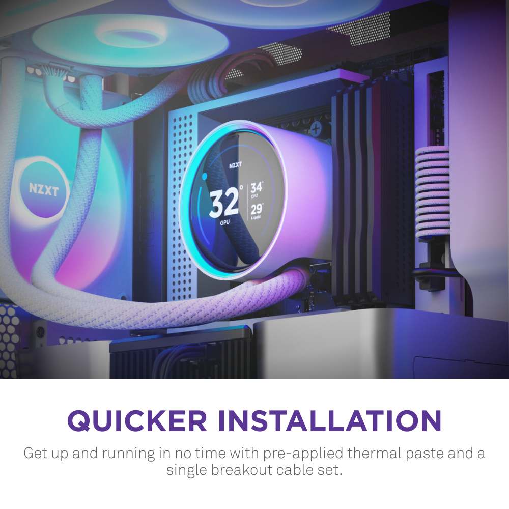 Close-up of a PC build with RGB lighting, an NZXT Kraken Elite 420 RGB cooler displaying a 32°C screen and tidy cables. Text below reads: QUICKER INSTALLATION—pre-applied thermal paste and single breakout cable set.