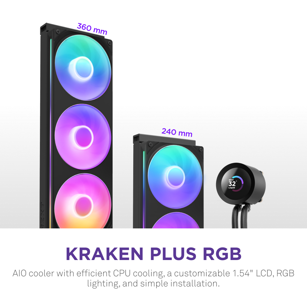The NZXT Kraken Plus 240 RGB features three RGB-lit fans and a circular CPU cooler with an LCD display, highlighting vibrant lighting and Turbine pump technology in the 240 mm size.