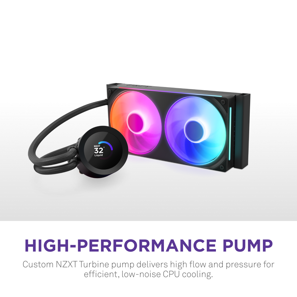 The NZXT Kraken Plus 240 RGB is a high-performance CPU liquid cooler featuring two RGB-lit fans and a pump LCD display showing 32°C. Enjoy efficient cooling and quiet operation, enhanced by vibrant RGB lighting.