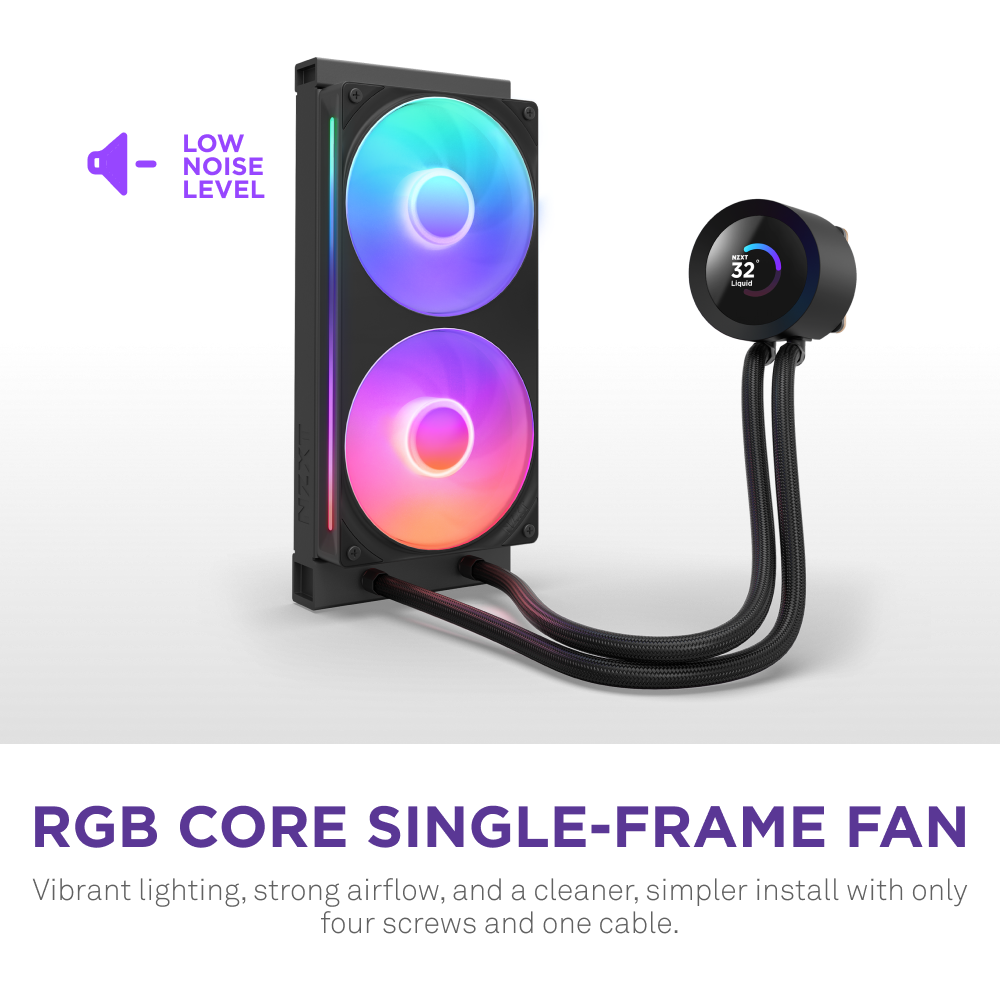 The NZXT Kraken Plus 240 RGB is a computer liquid cooler with dual large RGB fans and an LCD display on the Turbine pump, offering low noise. Text: Kraken Plus 240 RGB Single-Frame Fan—vibrant lighting, easy installation.