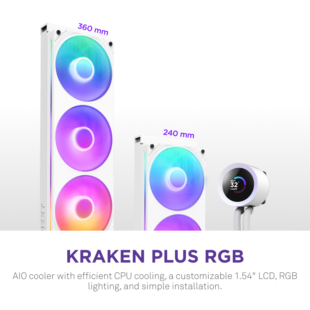 The NZXT Kraken Plus 240 RGB features a powerful Turbine pump, vibrant RGB fans, and a customizable LCD display for efficient CPU cooling and easy installation.