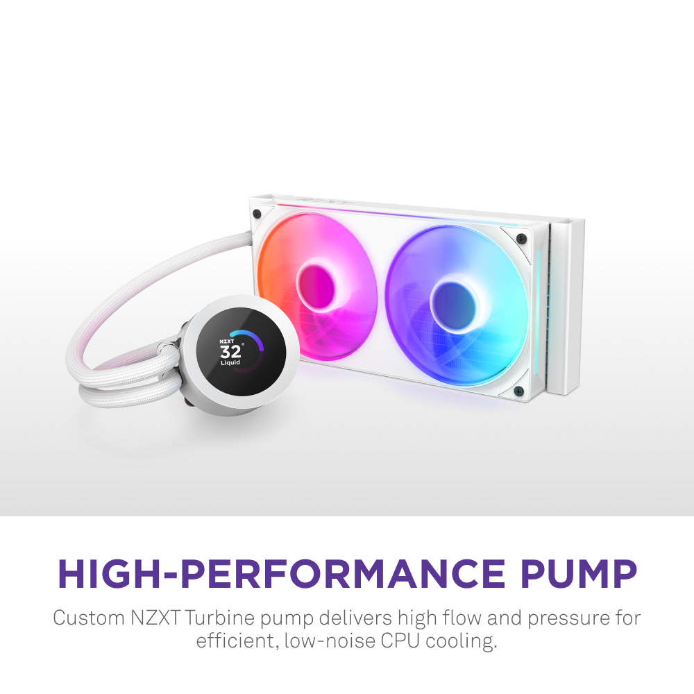 A white NZXT Kraken Plus 240 RGB CPU cooler with two RGB fans and an LCD display is shown. Text below highlights high flow, low-noise performance for efficient CPU cooling.