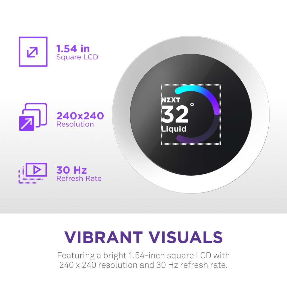 A vibrant 1.54-inch square LCD (240x240, 30 Hz) on the NZXT Kraken Plus 240 RGB pump displays specs with purple icons and a NZXT 32 Liquid gauge for clear, colorful monitoring.