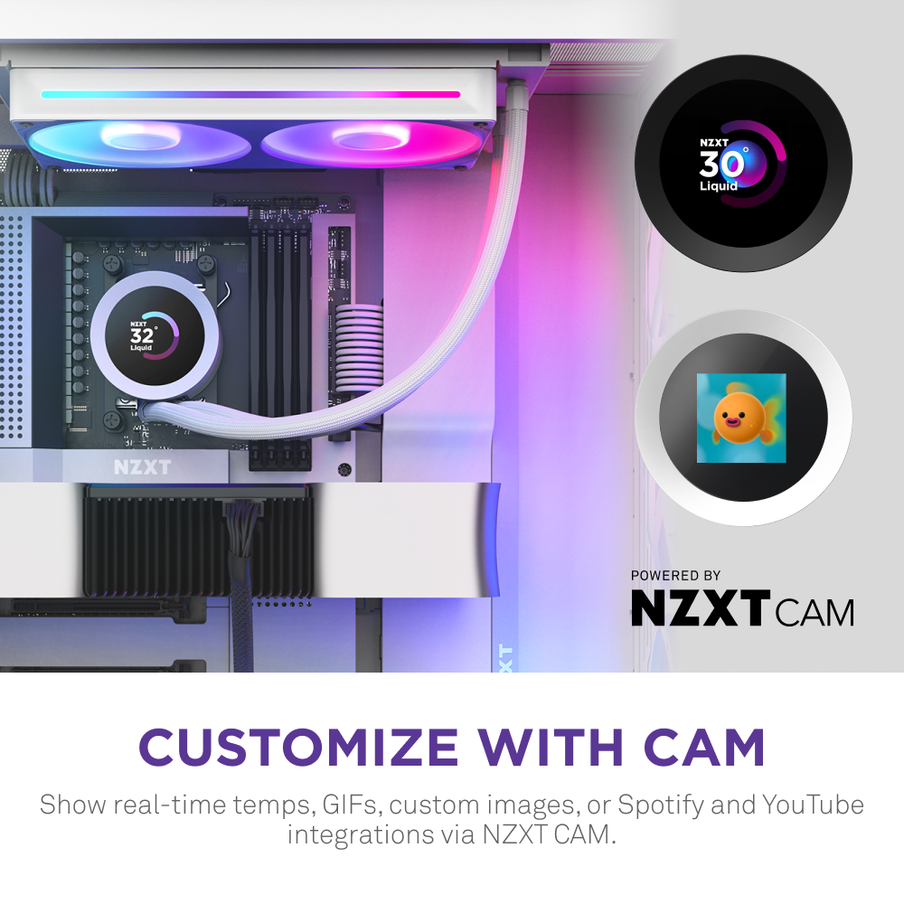 The NZXT Kraken Plus 240 RGB is a white PC cooler with RGB lighting and an LCD display. Customize with CAM, add GIFs or music, and enjoy real-time integrations for a unique setup.
