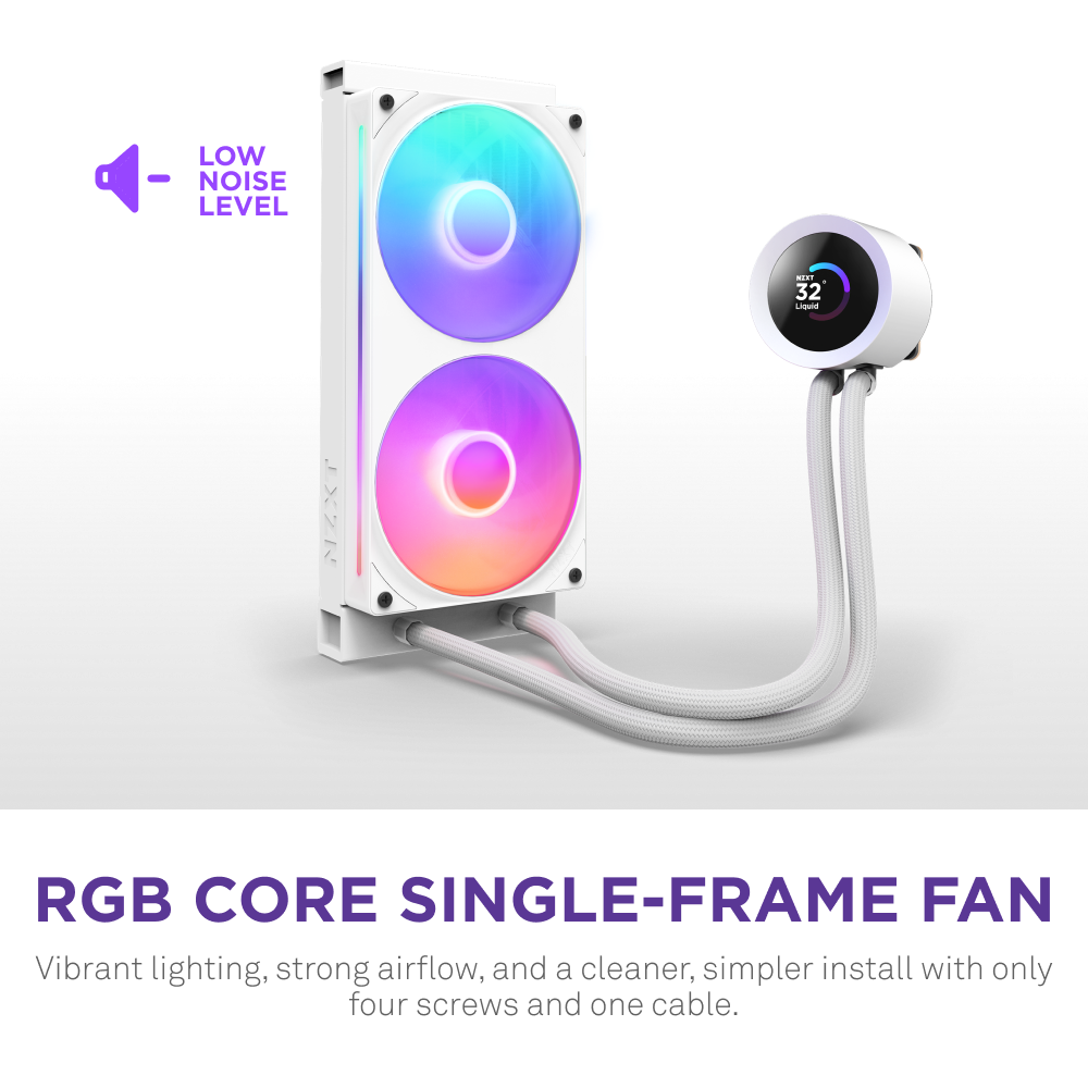 The NZXT Kraken Plus 240 RGB is a white dual-fan cooler with vibrant RGB lighting, an LCD display, and white cables. It delivers low noise and strong airflow while ensuring easy installation via four screws and one cable.