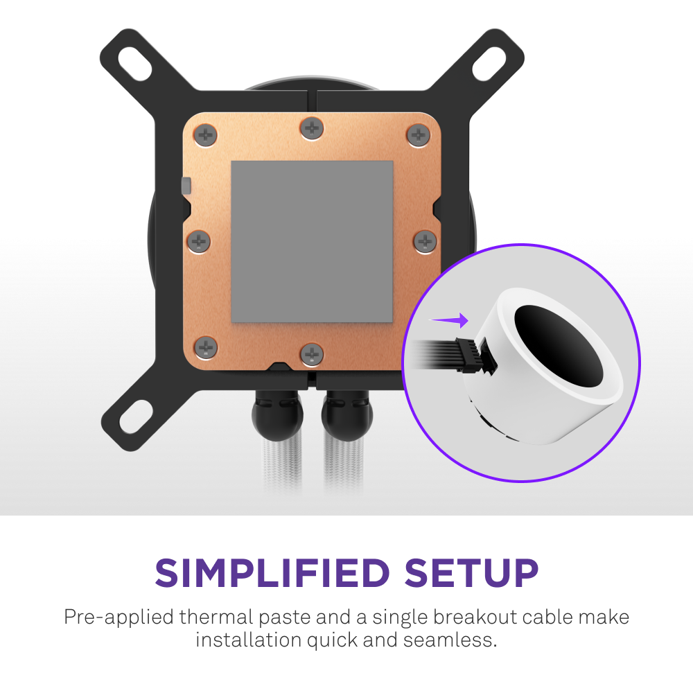 The NZXT Kraken Plus 240 RGB is shown with a square copper base and Turbine pump. A close-up highlights a cable being plugged in, marked by a purple circle and arrow. Below, text reads SIMPLIFIED SETUP.