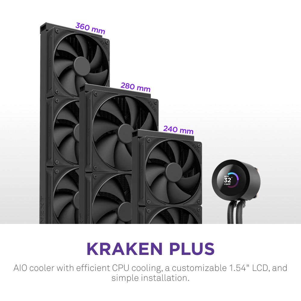 Three sizes of NZXT black cooling fans—240mm, 280mm, and 360mm—are displayed beside a round CPU cooler with a Custom LCD Screen. Below is the text: Kraken Plus 280 and a brief product description.
