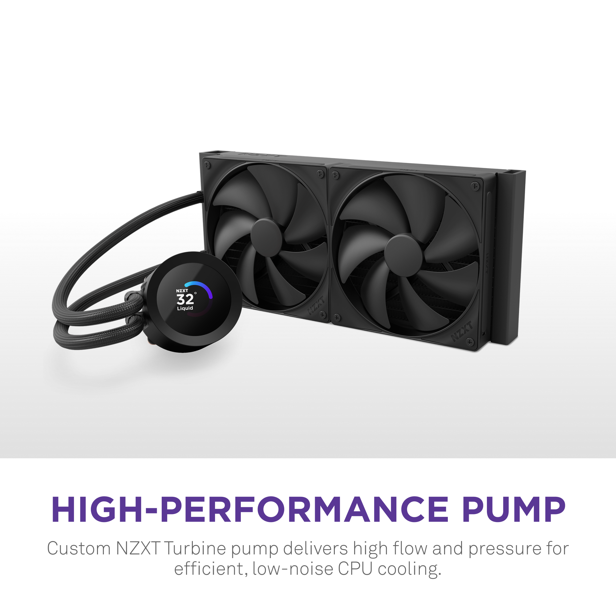 The NZXT Kraken Plus 240 is a black CPU liquid cooler featuring dual RGB fans and a circular LCD showing 32°C. Caption: High-Performance Pump—Custom NZXT Turbine pump ensures efficient, quiet cooling with powerful flow and pressure.