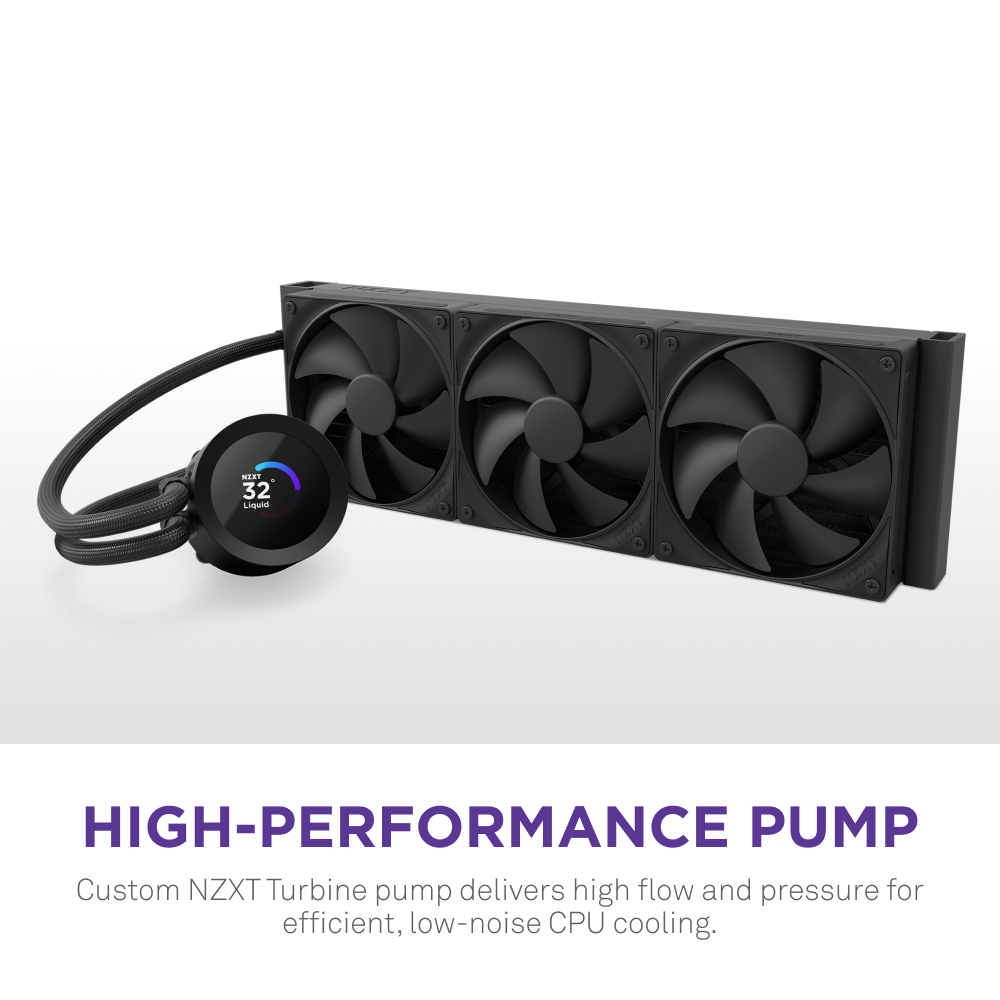 The NZXT Kraken Plus 360 is a black liquid CPU cooler with three large fans and a round LCD pump. High-performance cooling: Custom NZXT Turbine pump delivers high flow and pressure for efficient, low-noise CPU cooling.