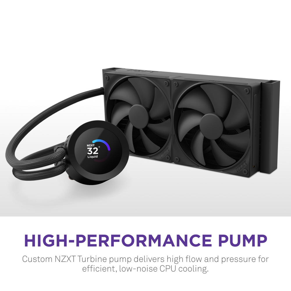 The NZXT Kraken Plus 280 is a black high-performance CPU liquid cooler with dual fans and a custom LCD screen showing 32° liquid. It features efficient, low-noise cooling for CPUs using a custom NZXT Turbine pump.