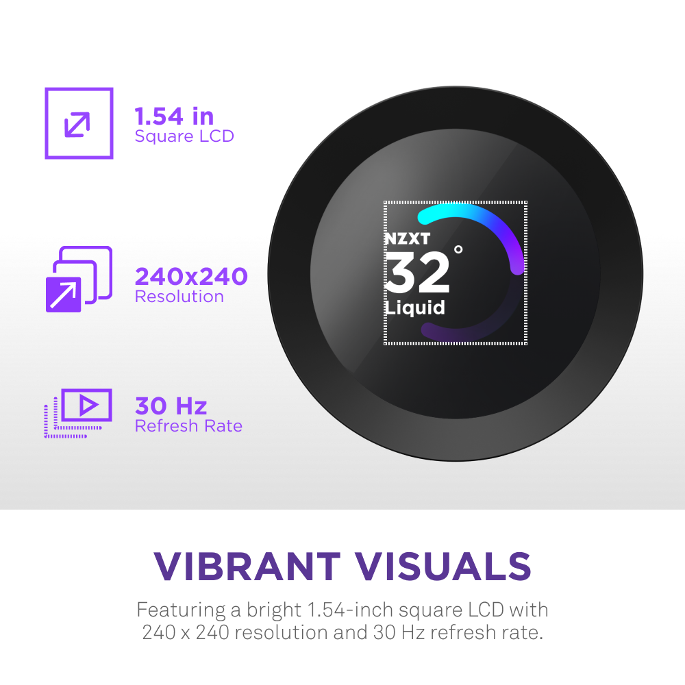The NZXT Kraken Plus 280 features a custom 1.54-inch circular LCD display with 240x240 resolution and 30Hz refresh rate. Bold purple text and icons highlight vibrant visuals, designed for seamless integration into your build.