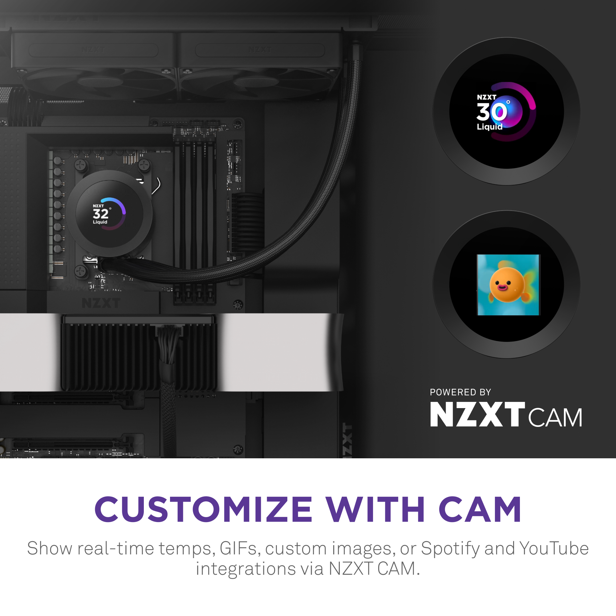 An NZXT computer case features the Kraken Plus 240 liquid cooler with vibrant RGB fans. Its LCD display shows system stats or a custom emoji, customizable via NZXT CAM software to display temps, GIFs, images, or app integrations.