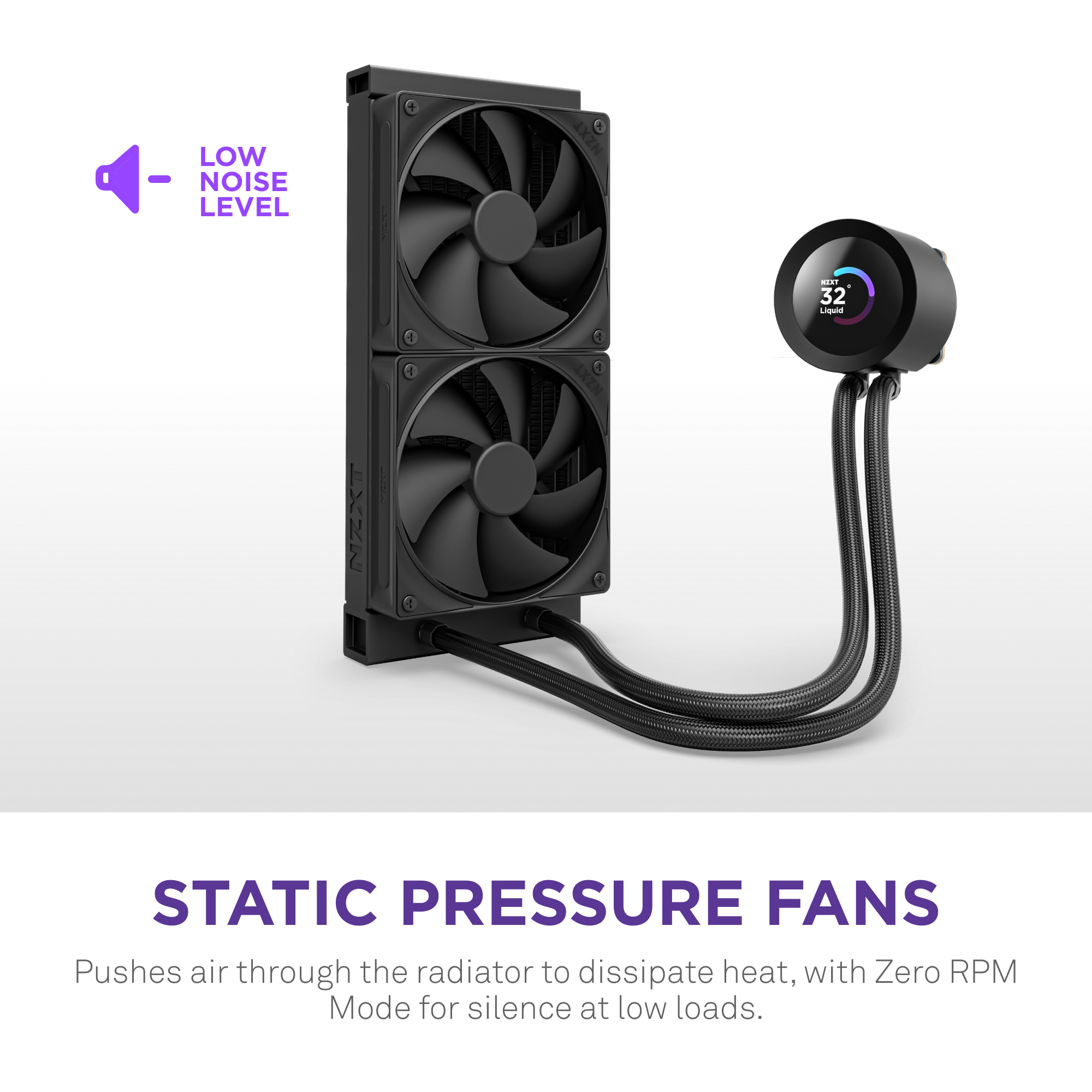 The NZXT Kraken Plus 240 features a black dual-fan radiator with attached tubes and an LCD display. Static Pressure Fans push air to dissipate heat, operating in Zero RPM Mode for silence at low loads. Low Noise Level.