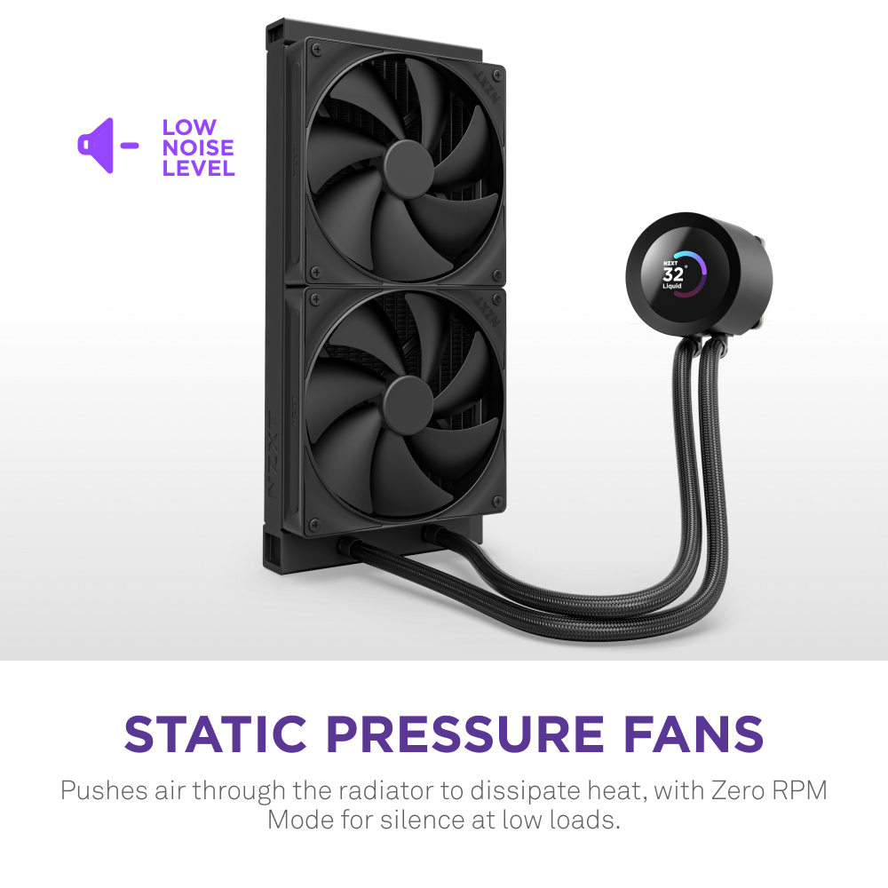 The NZXT Kraken Plus 280 features two large static pressure fans, a custom LCD screen with a circular digital display, and offers ultra-quiet operation with Zero RPM mode for near-silent cooling at low loads.