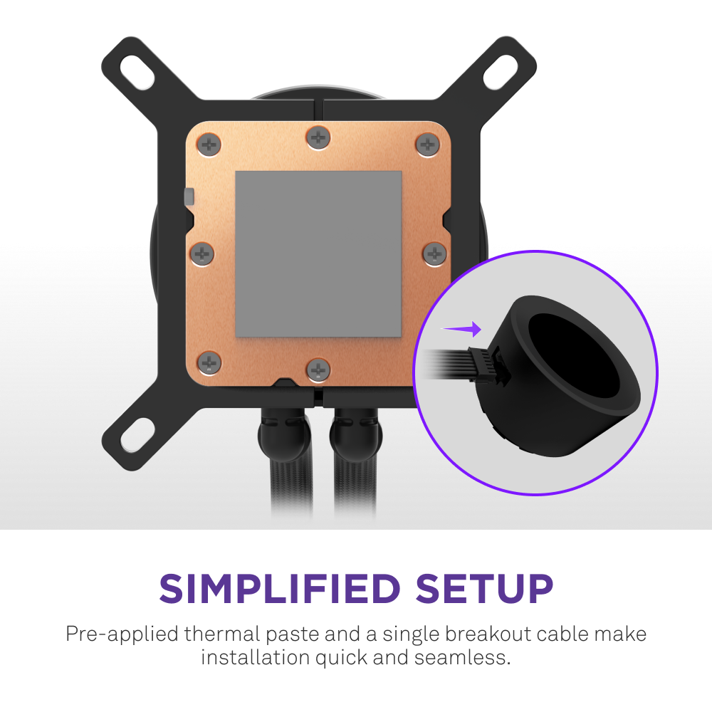 Close-up of NZXT Kraken Plus 280 AIO CPU cooler’s copper contact plate with gray thermal pad, and a zoomed-in cable connector above “SIMPLIFIED SETUP” in bold purple—showcasing the NZXT Turbine pump design.
