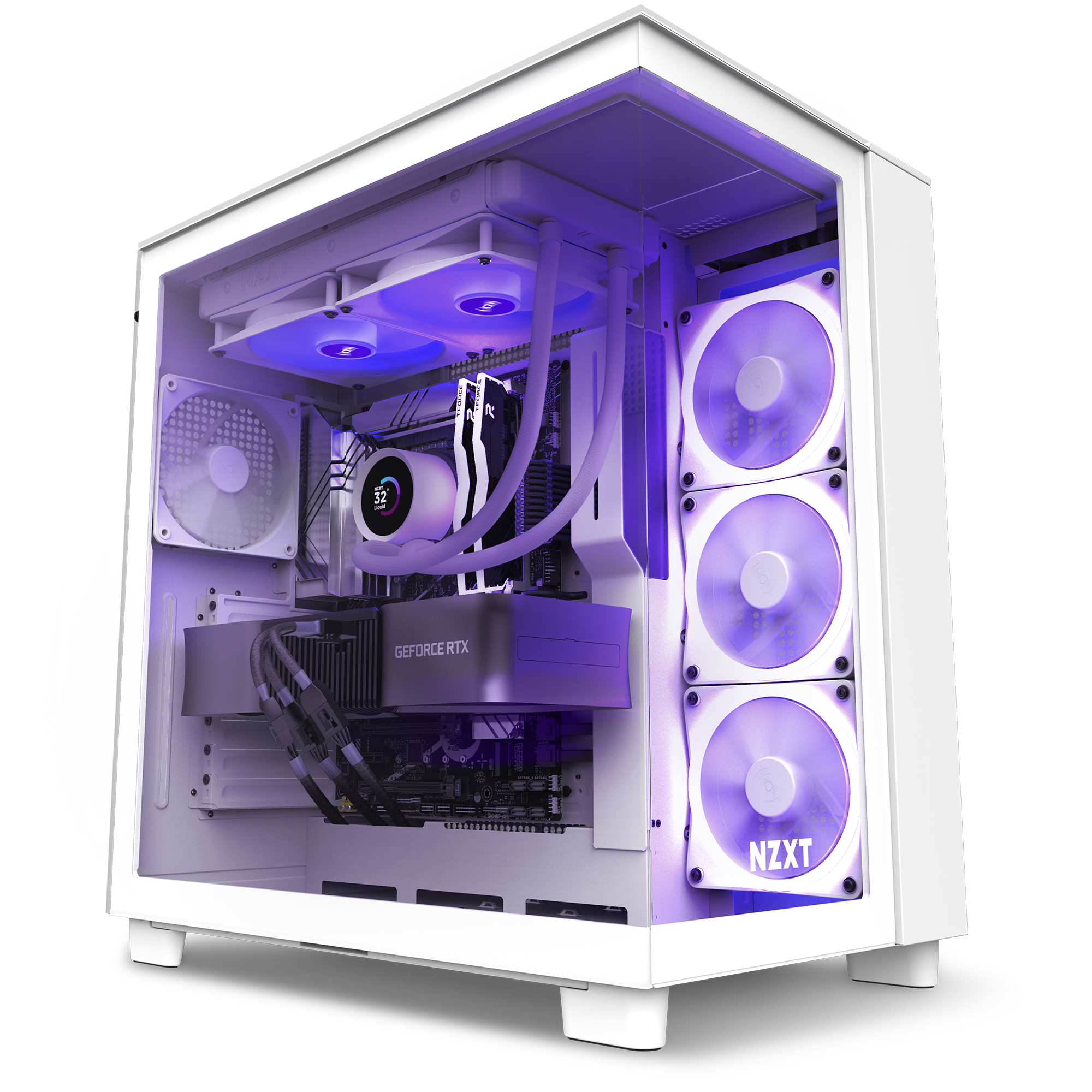 The Refurbished Player Three Prime - #8659 by NZXT is a white prebuilt gaming PC with a transparent side panel, RGB-lit fans, GeForce RTX graphics, and NZXT liquid cooling glowing purple—all protected by warranty for peace of mind.