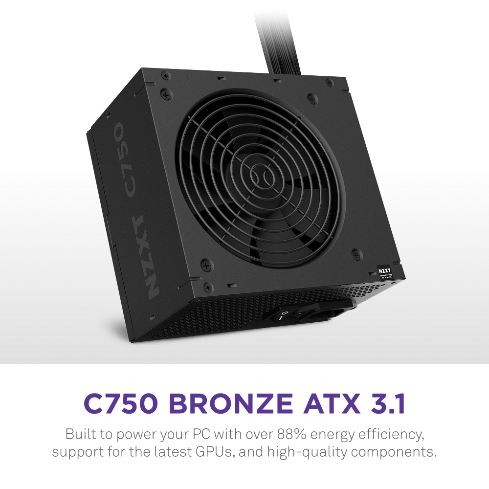 The NZXT C750 Bronze power supply offers 750W output, an upward-angled cooling fan, 80 Plus Bronze efficiency, and reliable performance for modern GPUs.