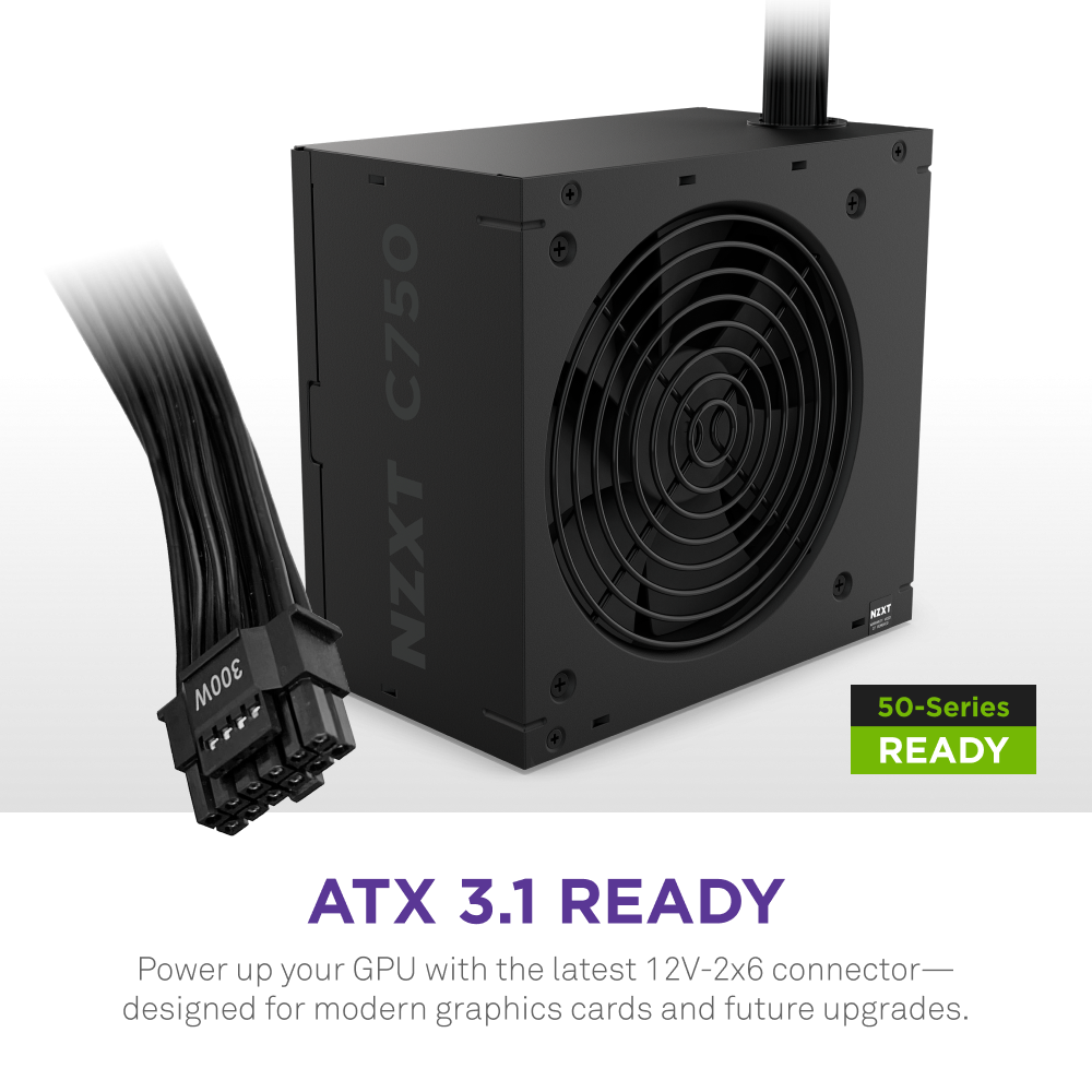 The NZXT C750 Bronze is a black 750W ATX power supply with a cooling fan, 12V-2x6 GPU cable, “ATX 3.1 Ready,” 80 Plus Bronze efficiency, and supports 50-series graphics cards.