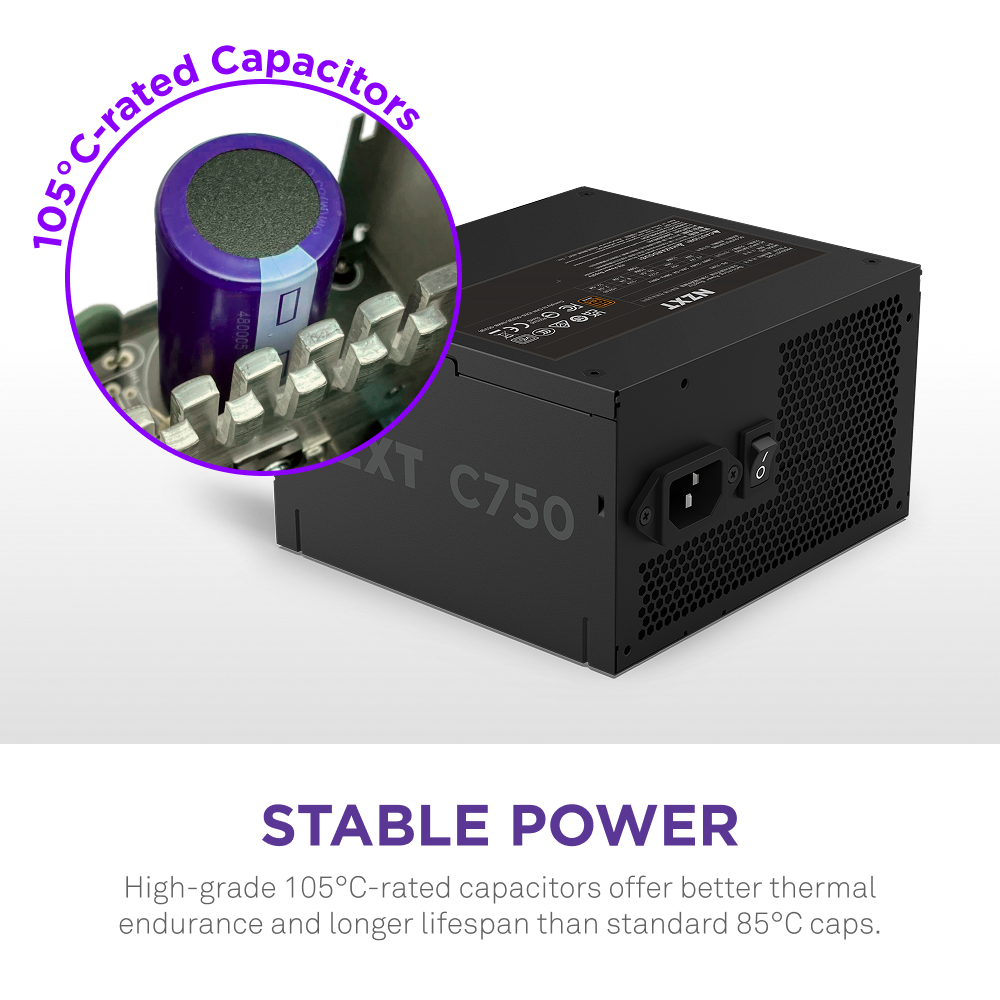 The NZXT C750 Bronze is a 750W ATX power supply featuring high-grade capacitors rated for 105°C, shown in purple, and delivers 80 Plus Bronze efficiency for improved thermal endurance and a longer lifespan.