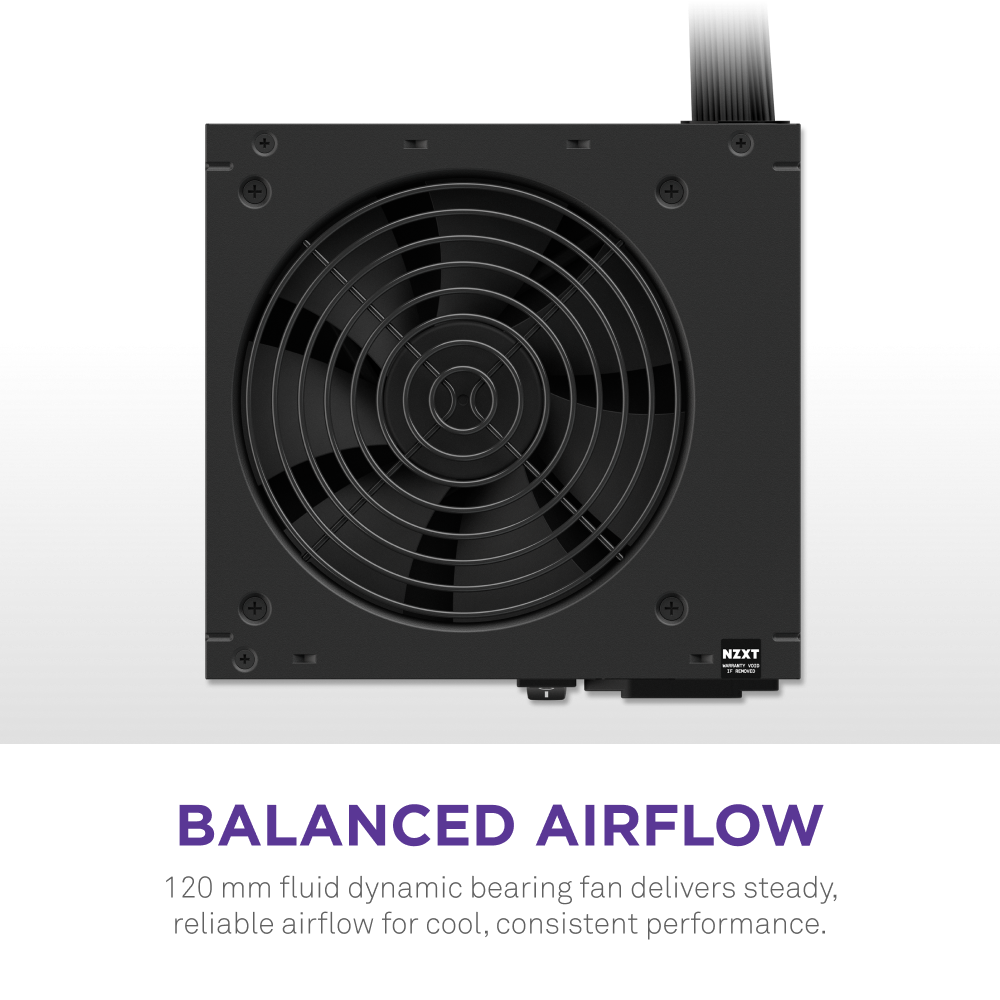 A black NZXT C750 Bronze 750W ATX power supply features a 120mm fluid dynamic bearing fan with protective grill. Text below reads: Balanced Airflow. It ensures steady, reliable cooling for consistent performance.