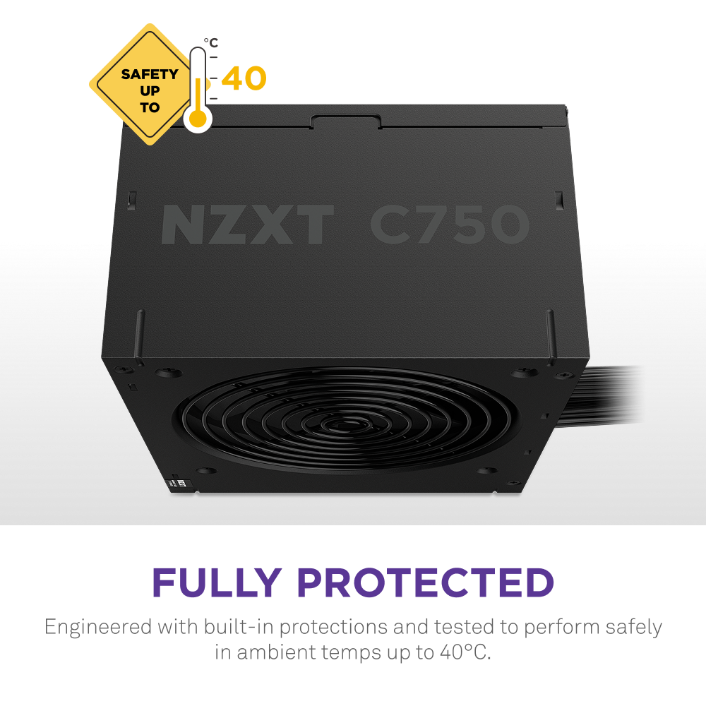 The NZXT C750 Bronze, a black 750W ATX power supply, is shown with a safety warning for operation up to 40°C. FULLY PROTECTED text highlights built-in protections and 80 Plus Bronze efficiency for safe, reliable use.