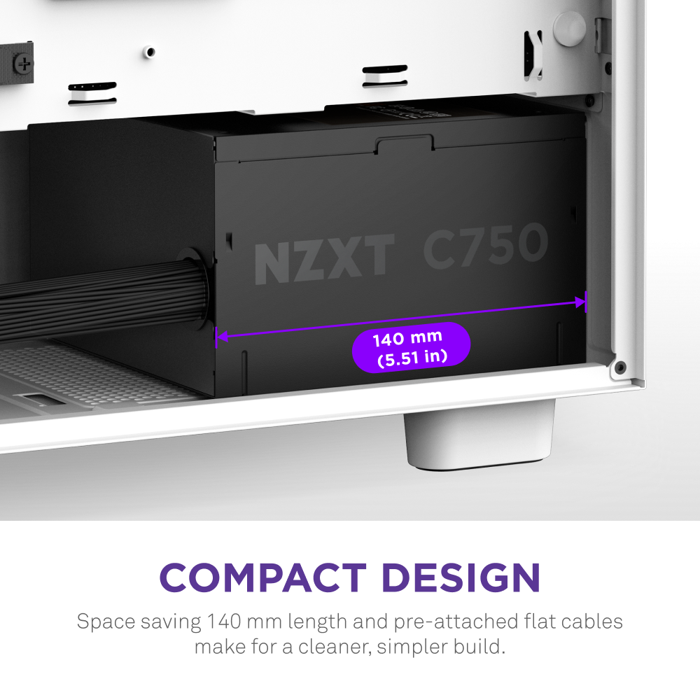 Close-up of the NZXT C750 Bronze 750W ATX power supply in a white case, featuring a purple double-headed arrow indicating its compact 140 mm length. Text: COMPACT DESIGN. 80 Plus Bronze efficiency and flat cables for simpler, cleaner builds.