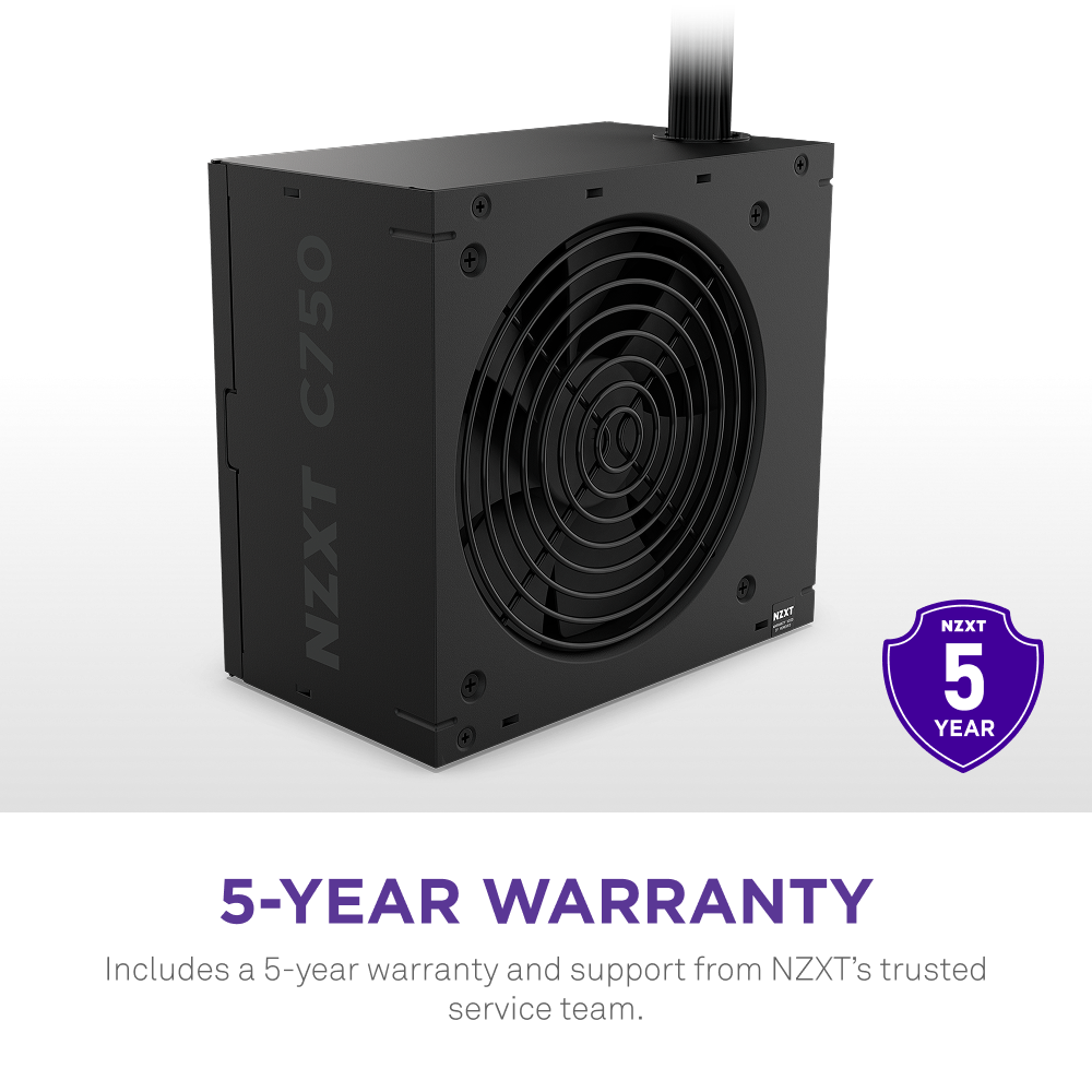The NZXT C750 Bronze is a black 750W ATX power supply with a large cooling fan. It features 80 Plus Bronze efficiency, a purple NZXT 5-Year Warranty badge, and comes with NZXT’s trusted support team.