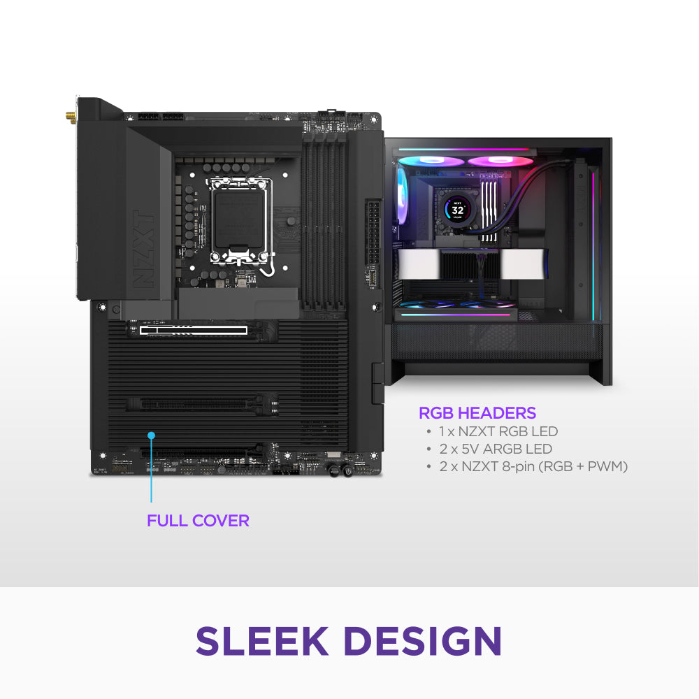 The NZXT N7 Z890 motherboard, featuring labeled RGB headers and a full cover, sits beside a PC case with vibrant internal RGB lighting. Text highlights PCIe 5.0 support and multiple RGB header types, while “Sleek Design” appears at the bottom.