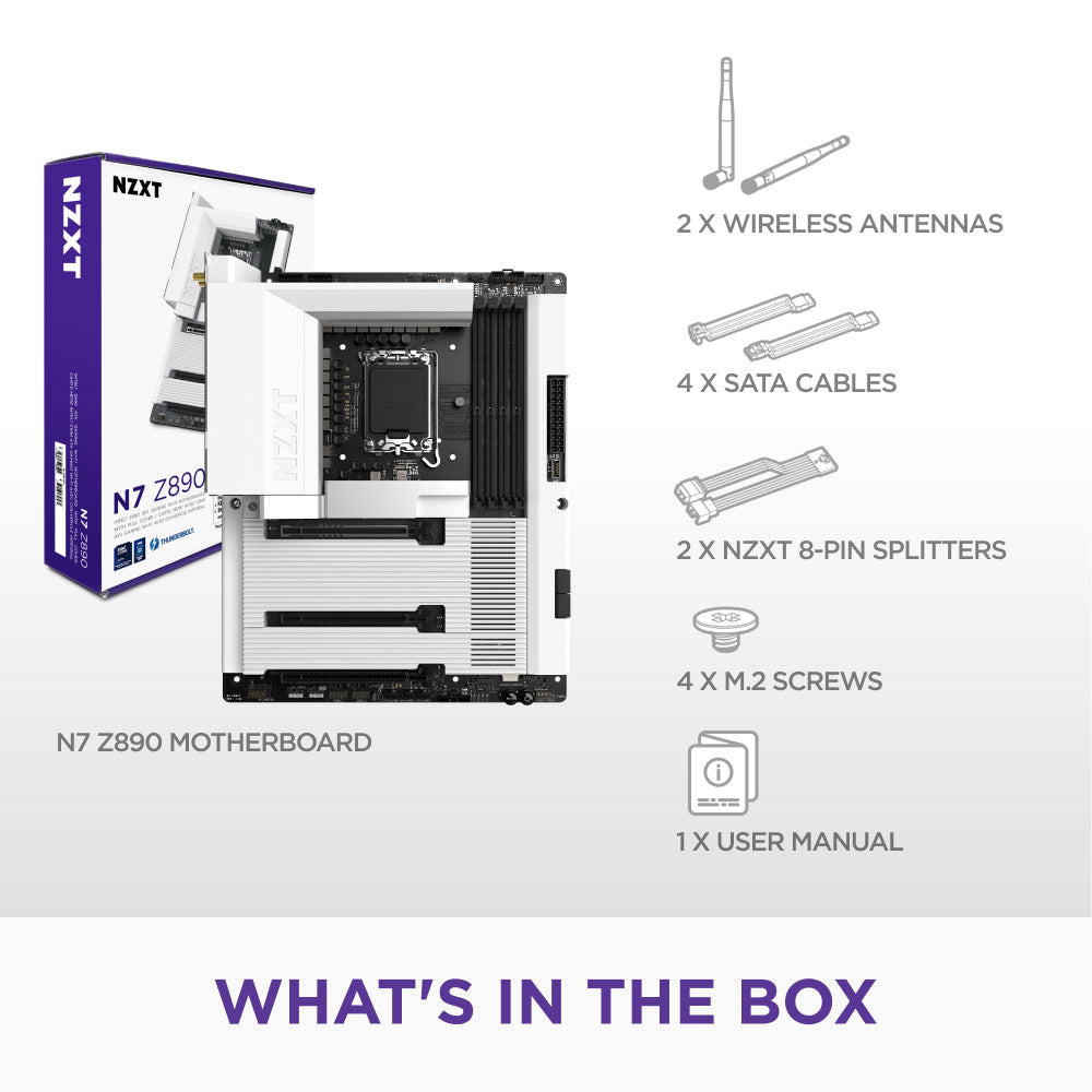 The NZXT N7 Z890 box includes the motherboard (with PCIe 5.0), two wireless antennas, four SATA cables, two NZXT 8-pin splitters, four M.2 screws, and a user manual.